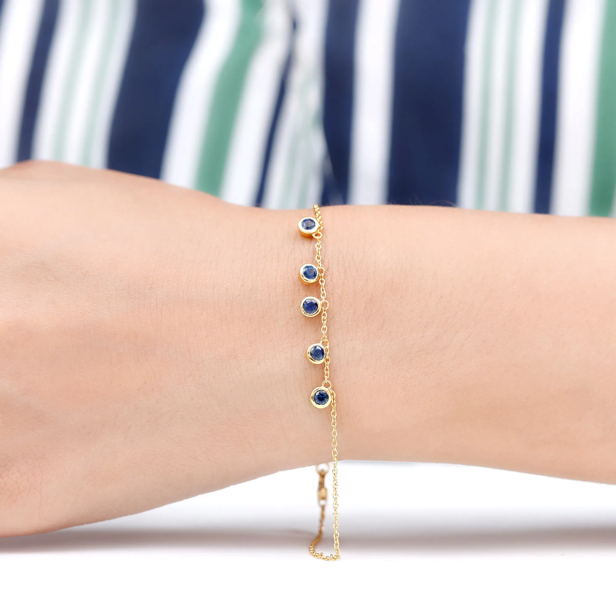 1 CT Bezel Set Blue Sapphire and Gold Station Chain Bracelet