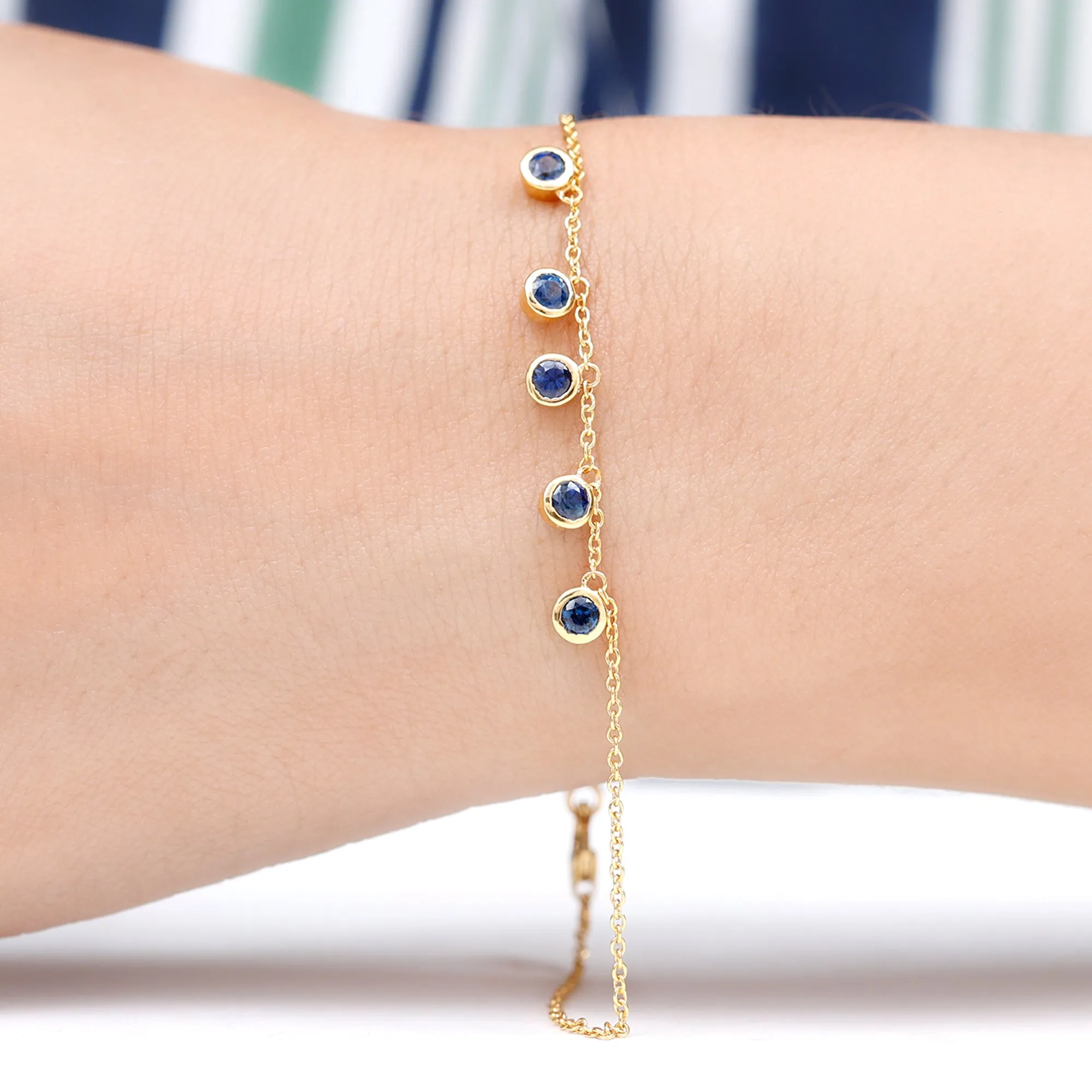 1 CT Bezel Set Blue Sapphire and Gold Station Chain Bracelet