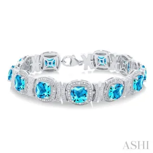 1/10 ctw Cushion Shape 7X7 MM Blue Topaz and Round Cut Diamond Semi Precious Bracelet in Sterling Silver