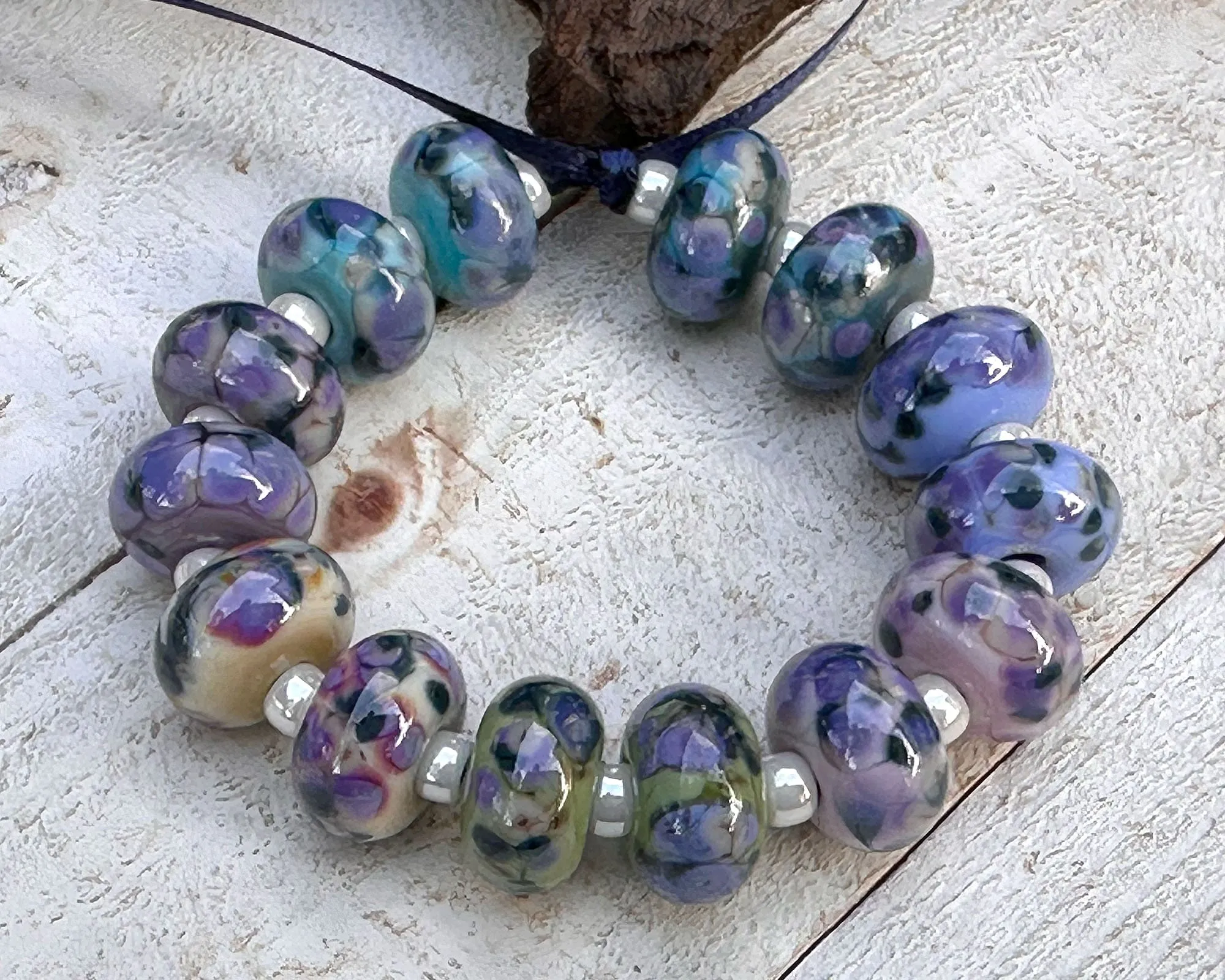 14 Blueberry Bliss Mosaic Lampwork Beads Set SRA