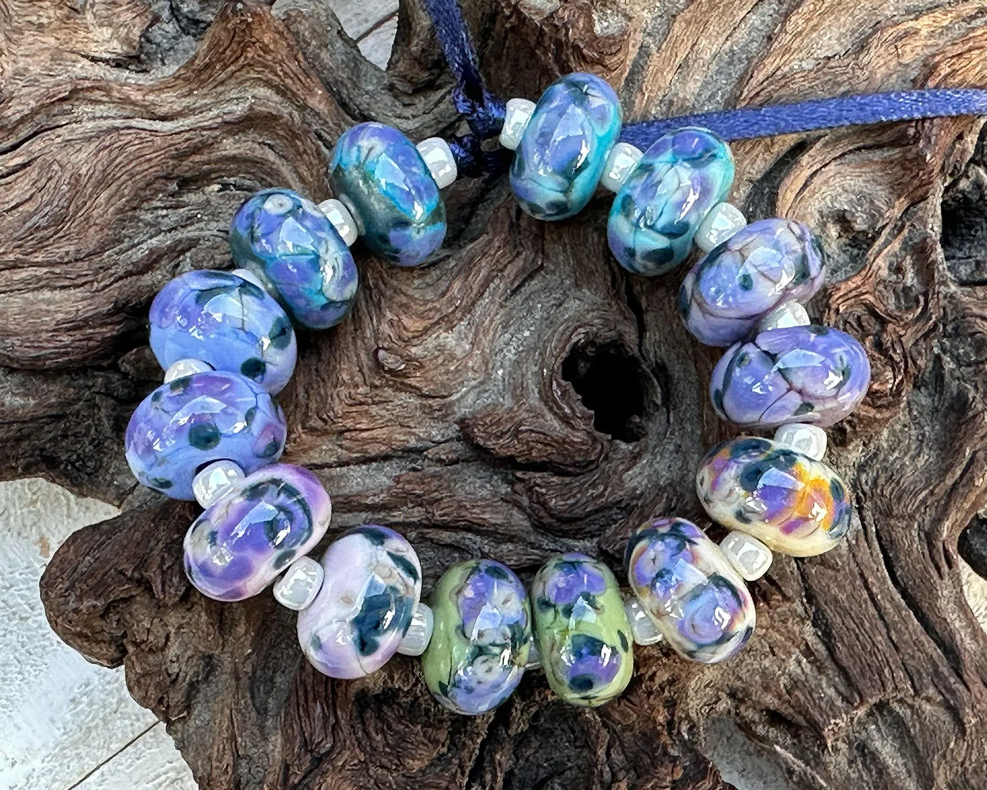 14 Blueberry Bliss Mosaic Lampwork Beads Set SRA