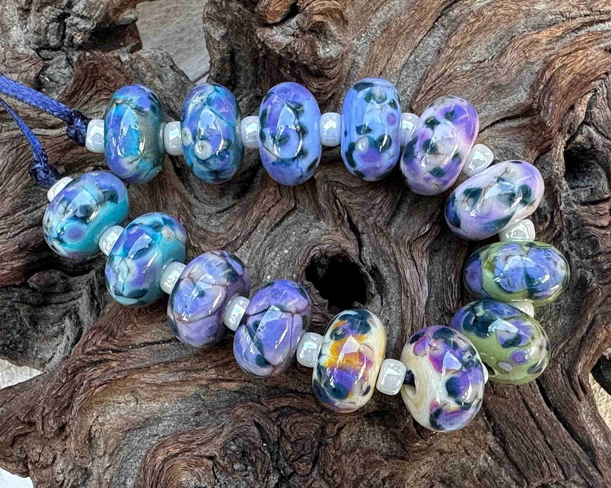 14 Blueberry Bliss Mosaic Lampwork Beads Set SRA