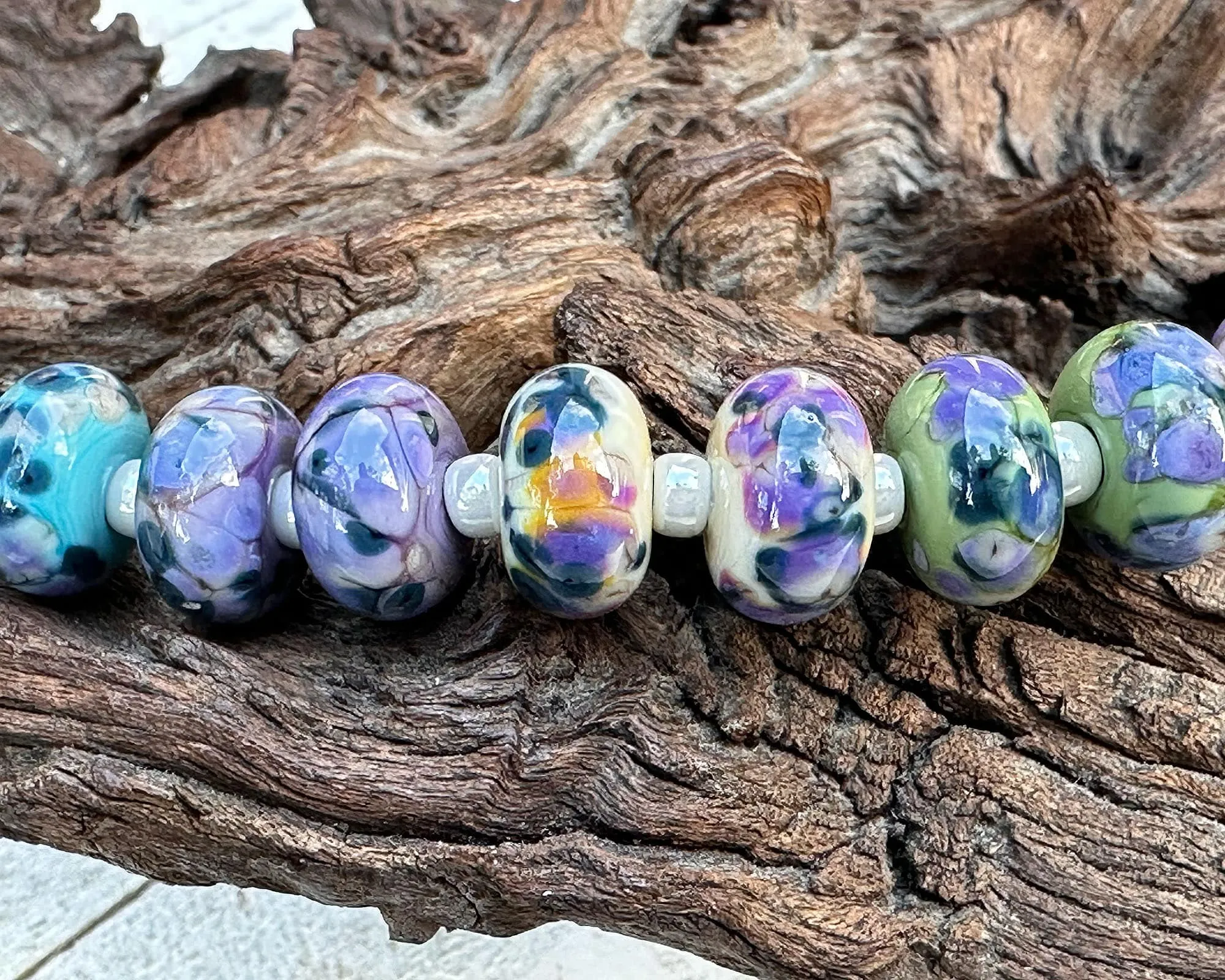 14 Blueberry Bliss Mosaic Lampwork Beads Set SRA