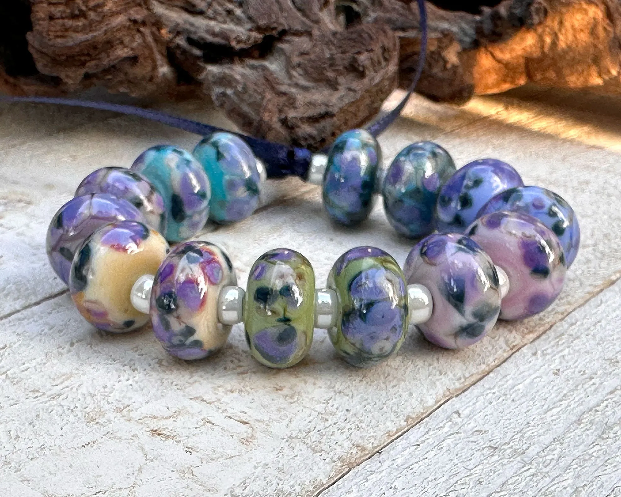 14 Blueberry Bliss Mosaic Lampwork Beads Set SRA