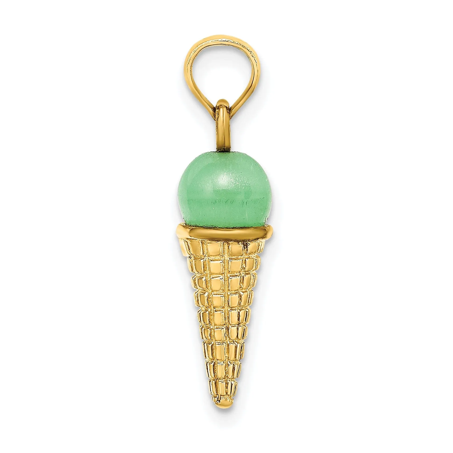 14K Yellow Gold Satin Polished Finish 3-Dimensional with Green Bead Ice Cream Cone Charm Pendant