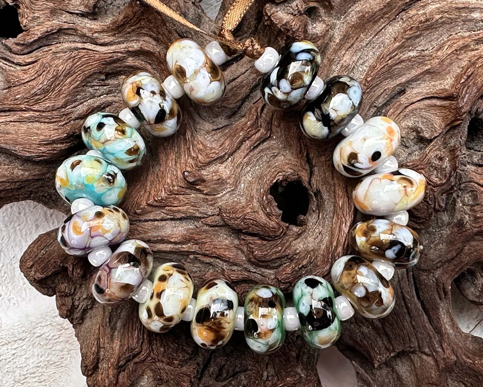 16 Picasso Brown Mosaic Pairs Lampwork Beads Set SRA