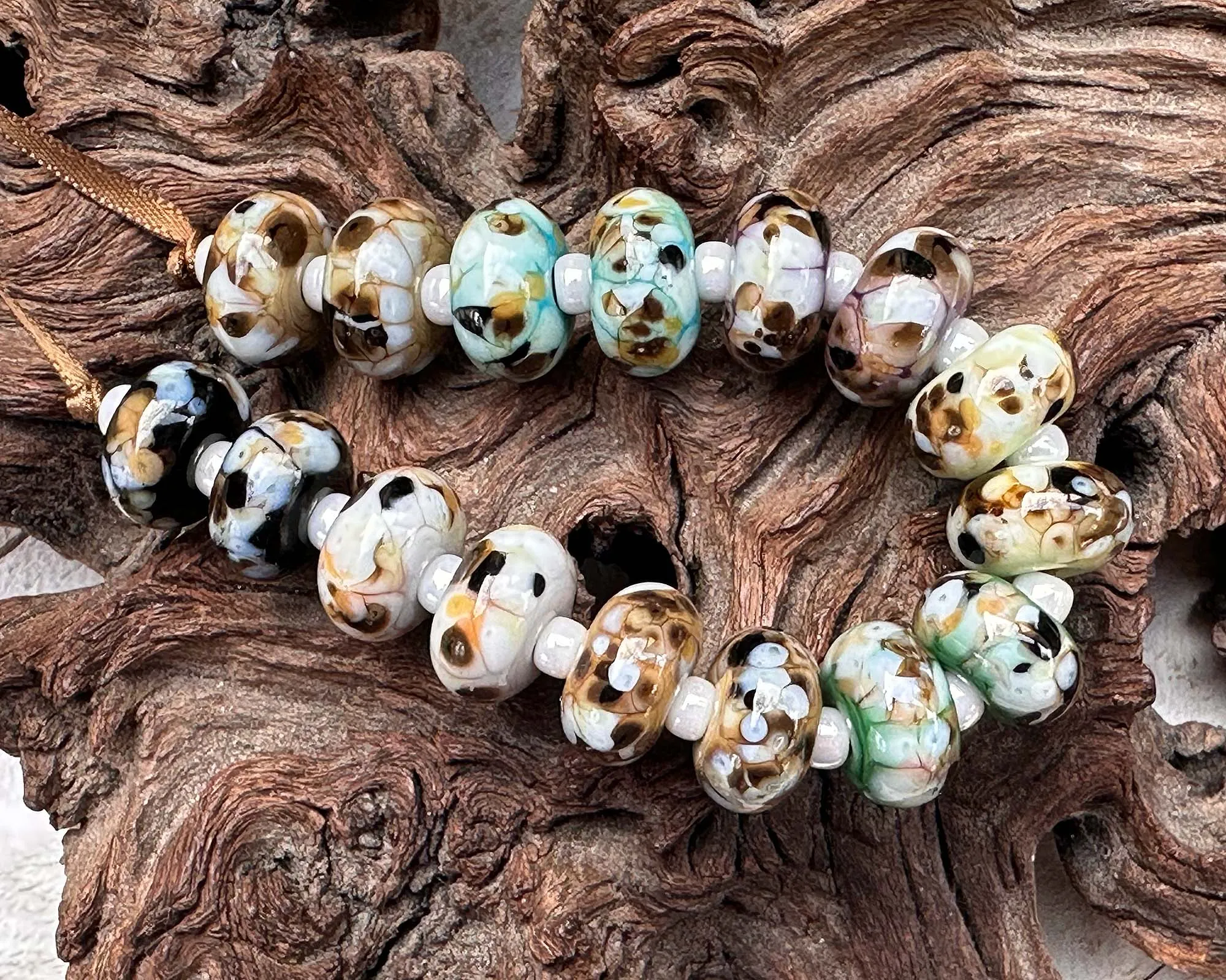 16 Picasso Brown Mosaic Pairs Lampwork Beads Set SRA