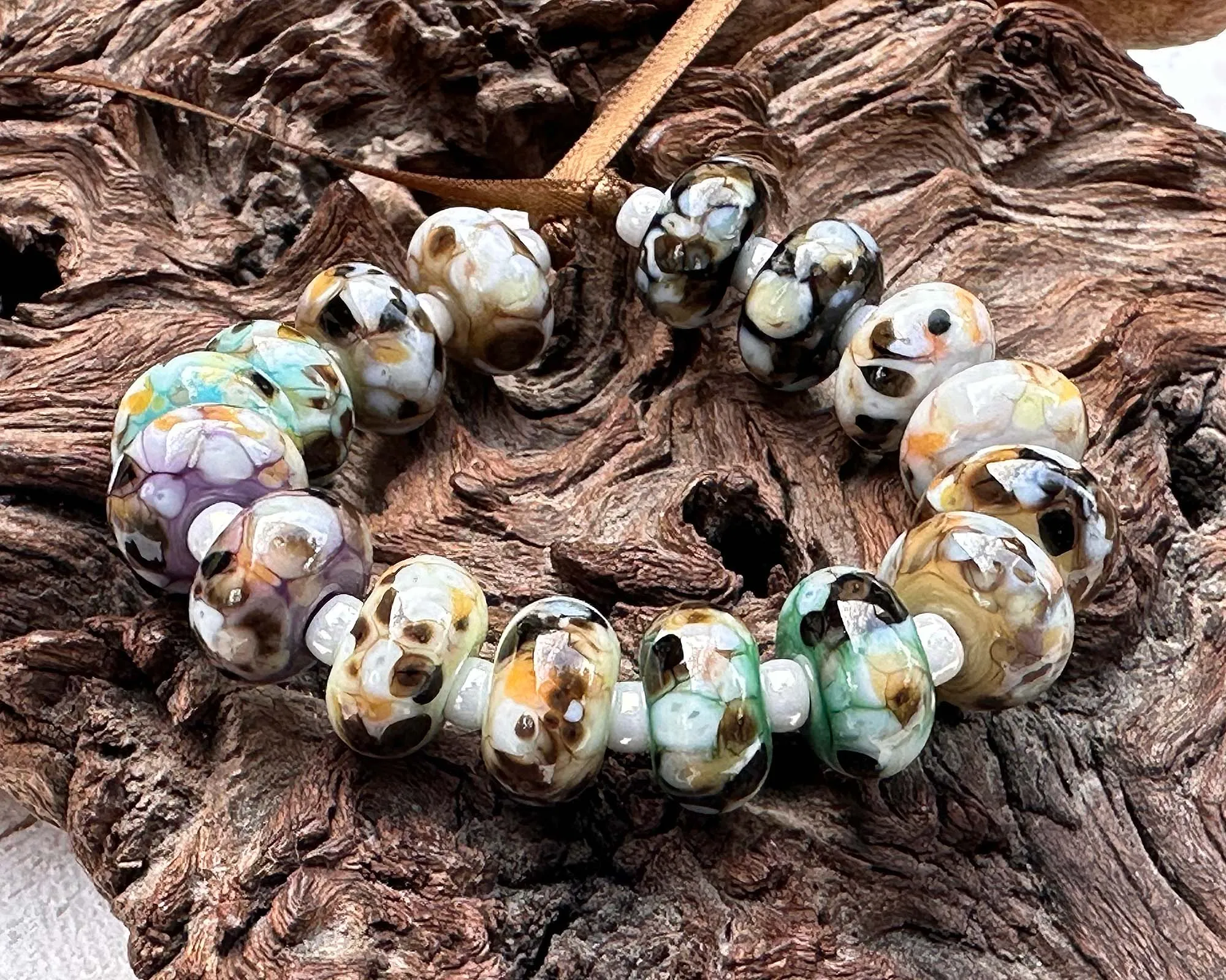 16 Picasso Brown Mosaic Pairs Lampwork Beads Set SRA