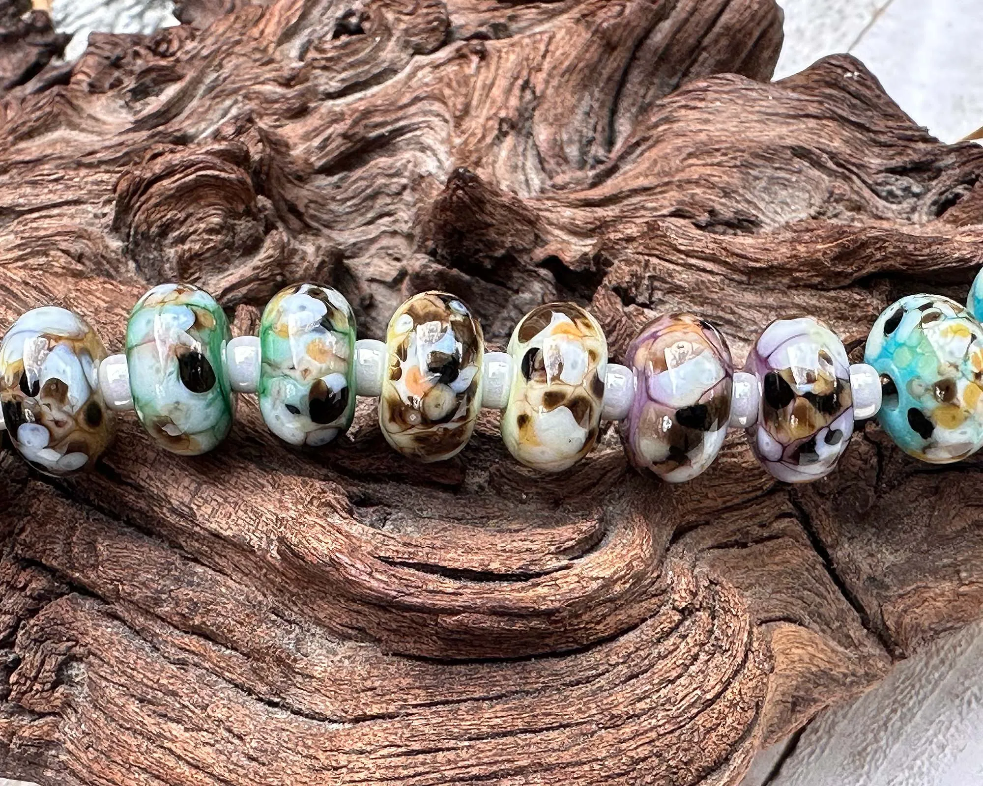 16 Picasso Brown Mosaic Pairs Lampwork Beads Set SRA