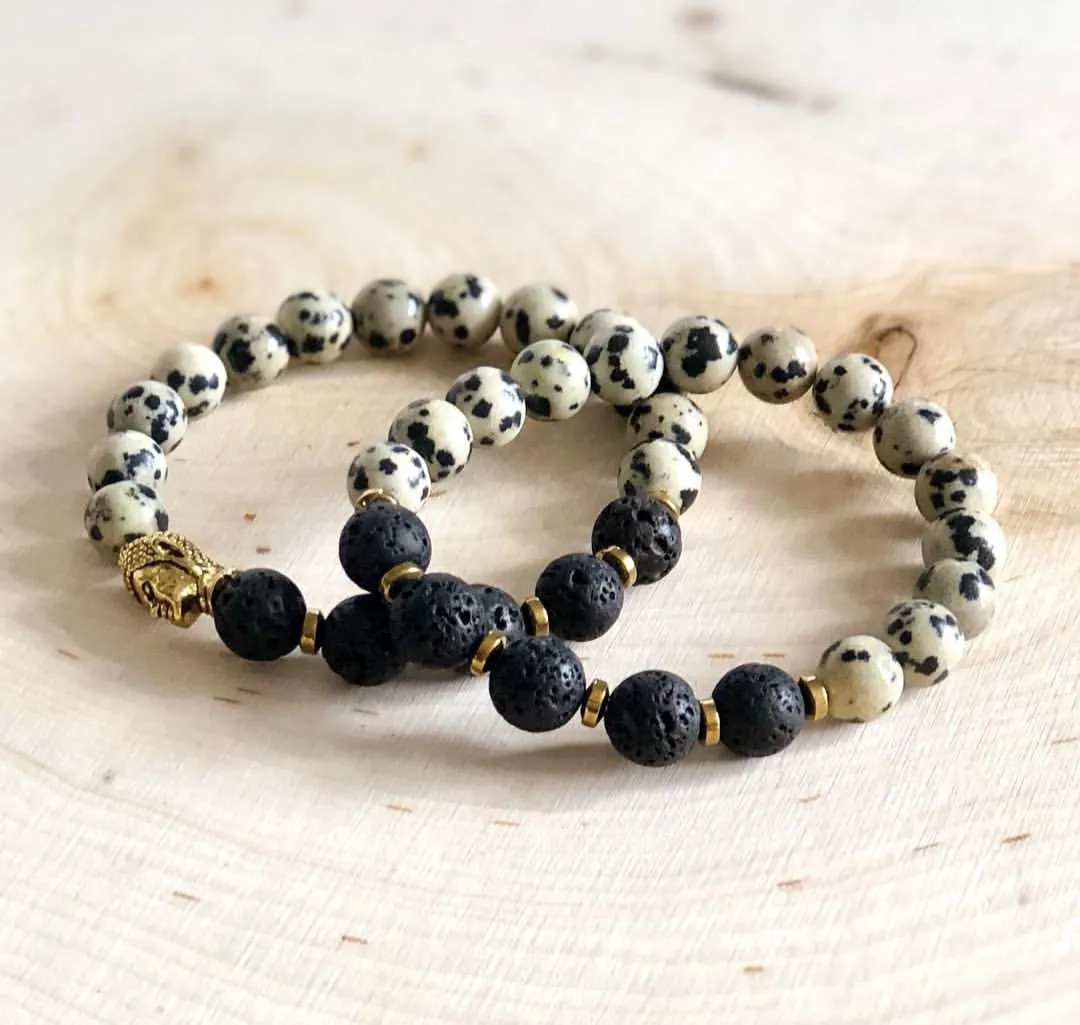 2 pc set - Natural Lava Stone and Dalmation Jasper Mala Bracelet