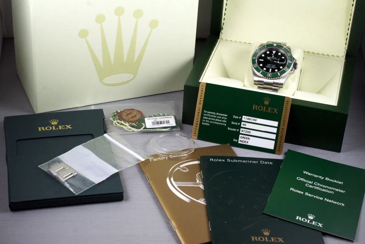 2012 Rolex Green Submariner 116610V with Box and Papers