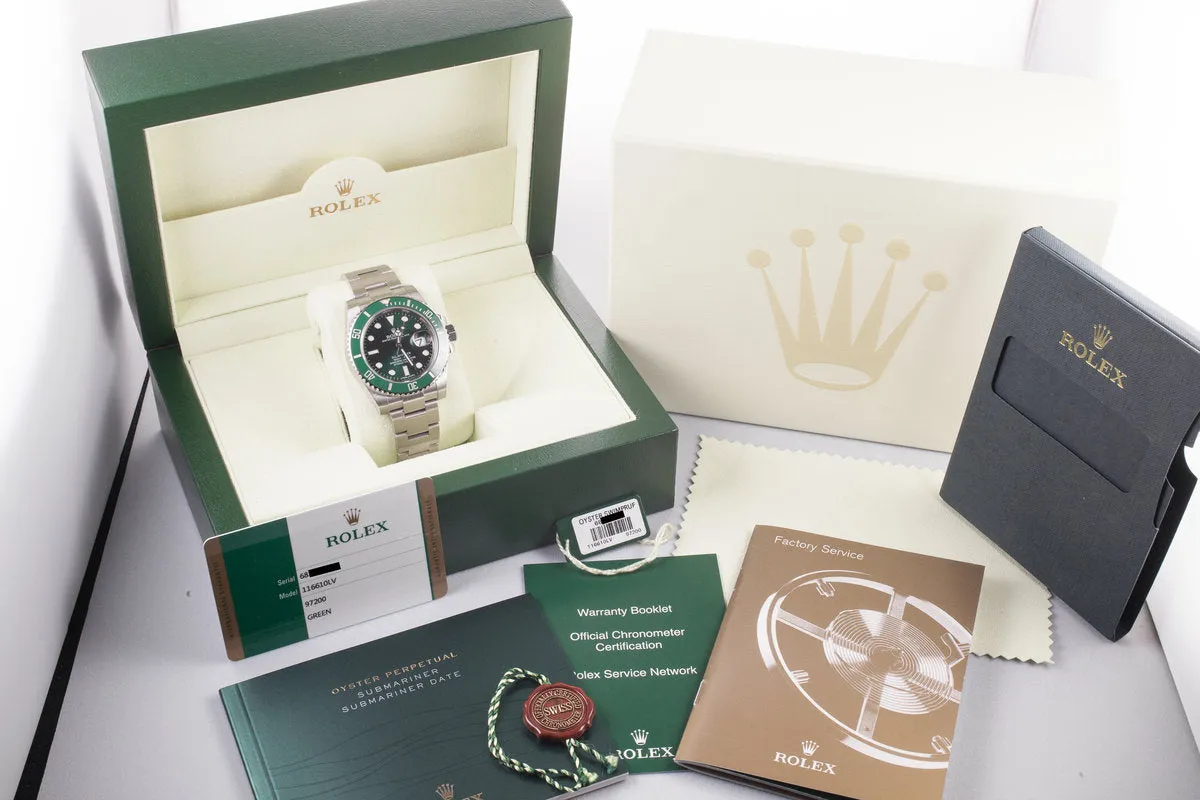 2014 Rolex Green Ceramic Submariner 116610LV "Hulk" with Box and Papers