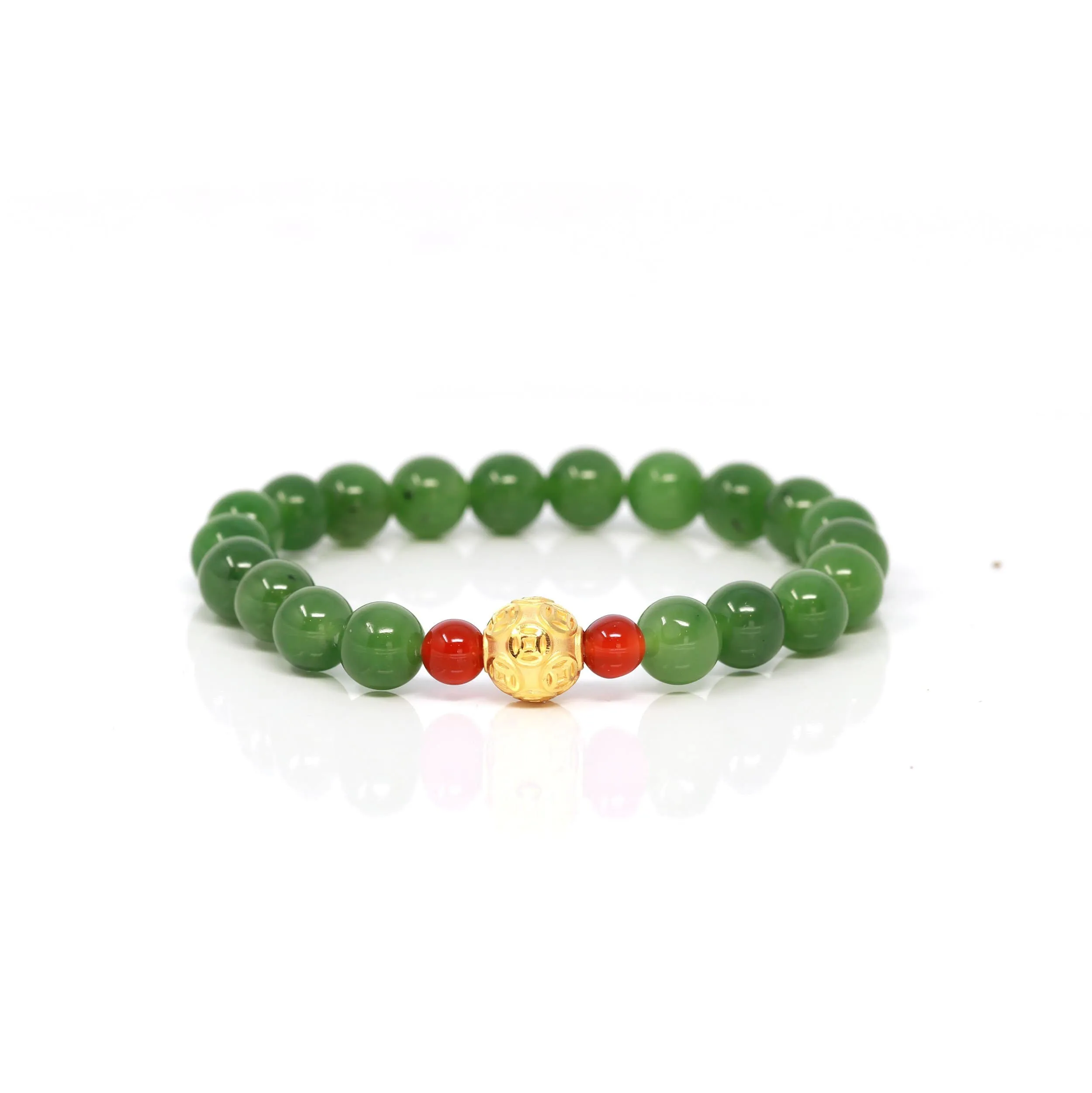 24K Pure Yellow Gold Money Bead With Genuine Green Jade Round Beads Bracelet Bangle ( 8 mm )