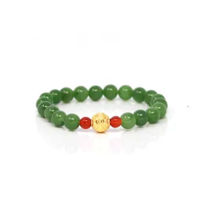 24K Pure Yellow Gold Money Bead With Genuine Green Jade Round Beads Bracelet Bangle ( 8 mm )