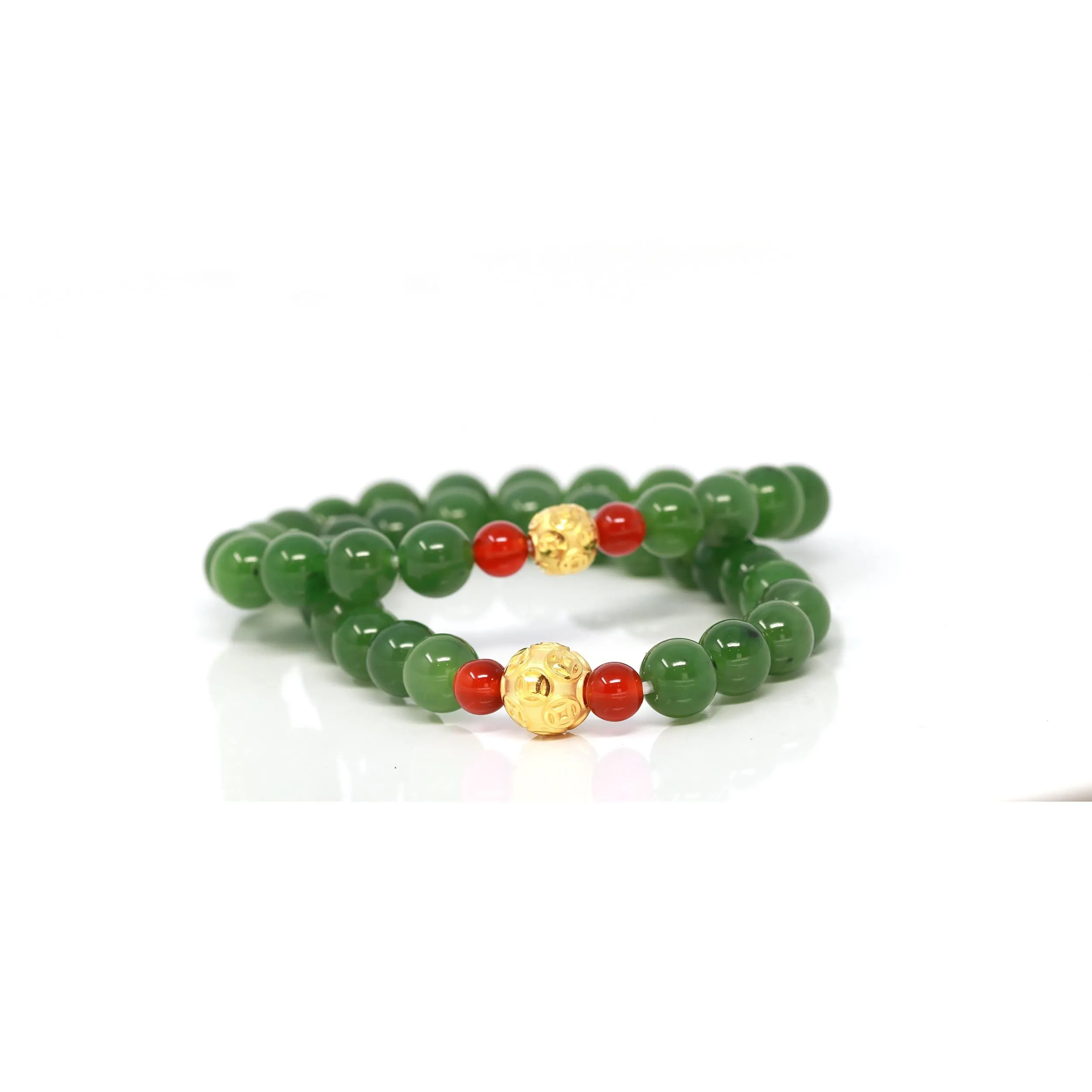 24K Pure Yellow Gold Money Bead With Genuine Green Jade Round Beads Bracelet Bangle ( 8 mm )