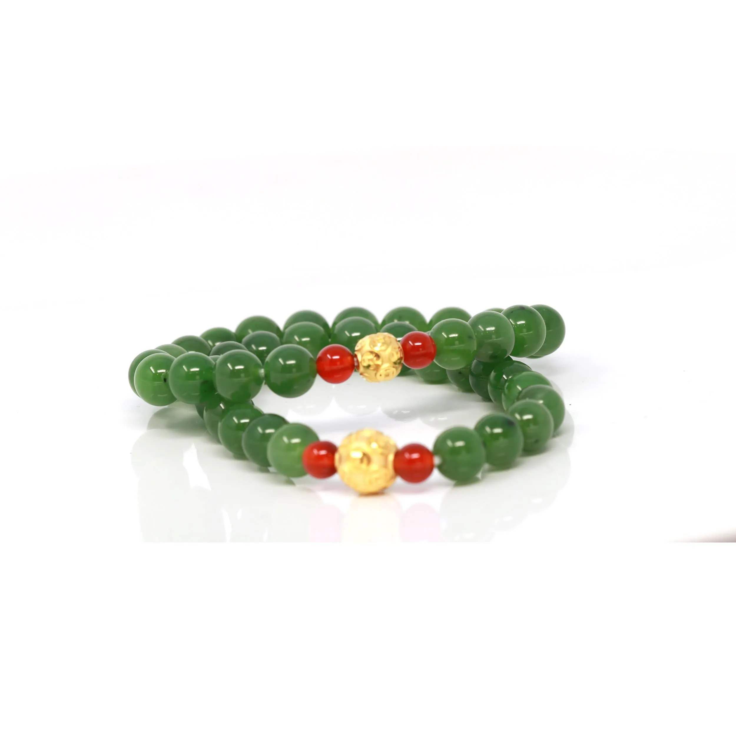 24K Pure Yellow Gold Money Bead With Genuine Green Jade Round Beads Bracelet Bangle ( 8 mm )