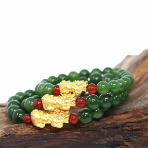 24K Pure Yellow Gold PiXiu With Genuine Green Jade Round Beads Bracelet Bangle ( 9.5 mm )