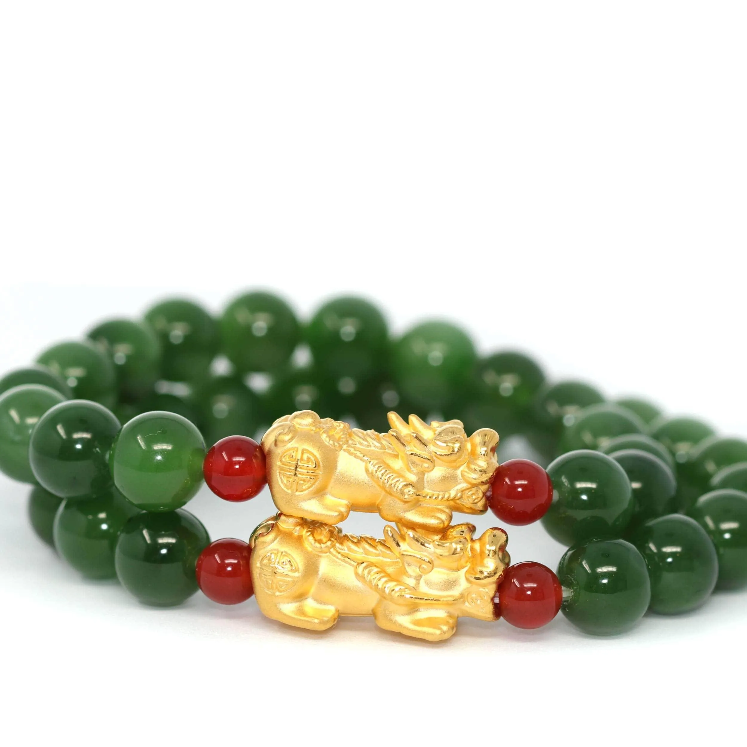 24K Pure Yellow Gold PiXiu With Genuine Green Jade Round Beads Bracelet Bangle ( 9.5 mm )