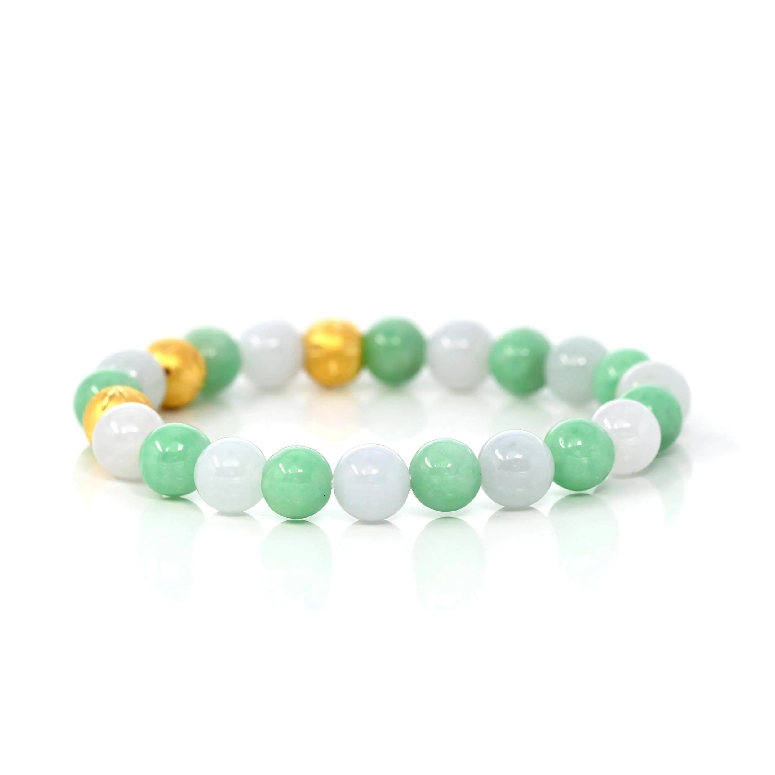 24K Pure Yellow Gold Star Beads With Genuine Green Jade Round Beads Bracelet ( 9 mm )