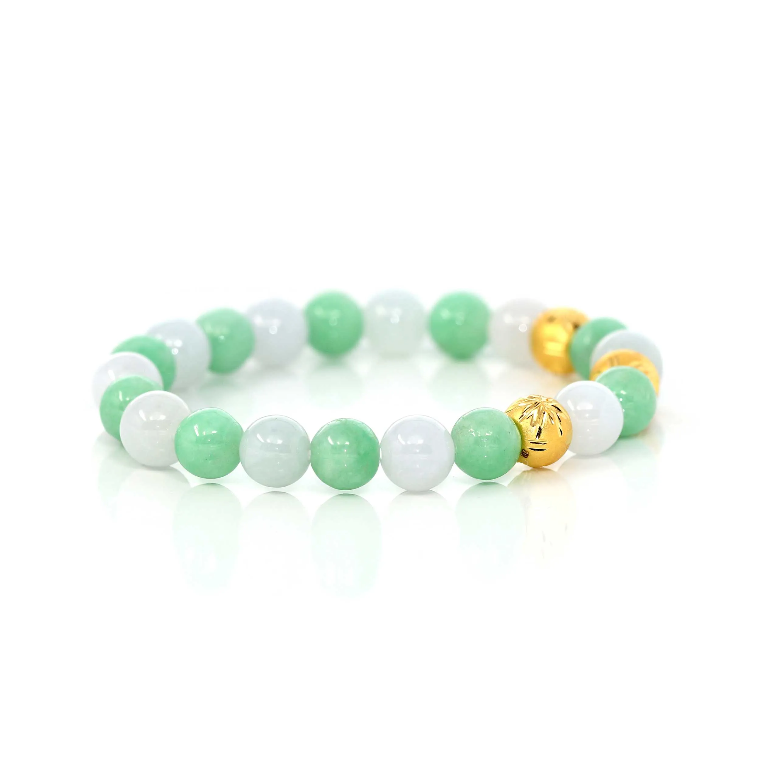 24K Pure Yellow Gold Star Beads With Genuine Green Jade Round Beads Bracelet ( 9 mm )