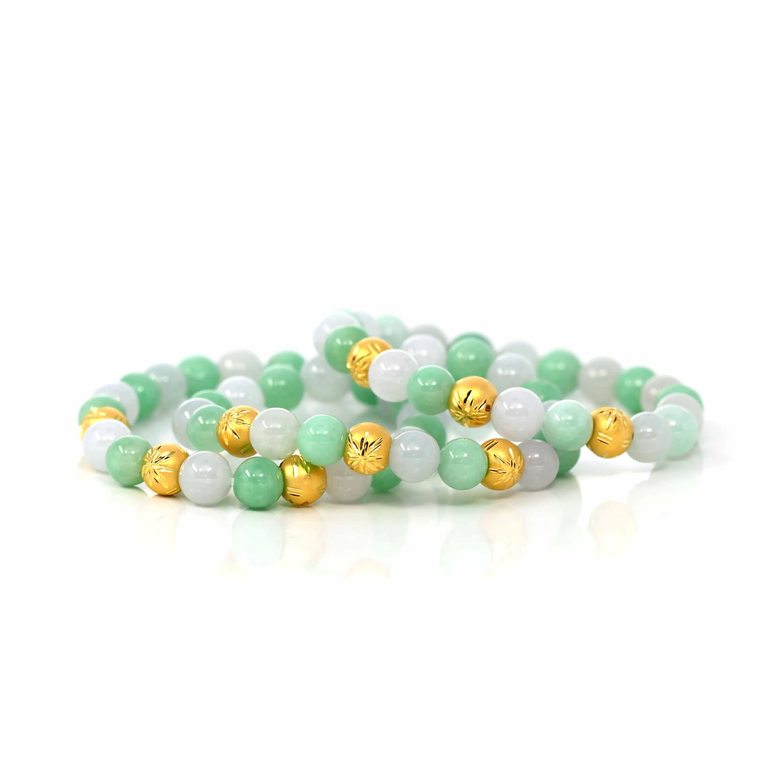 24K Pure Yellow Gold Star Beads With Genuine Green Jade Round Beads Bracelet ( 9 mm )