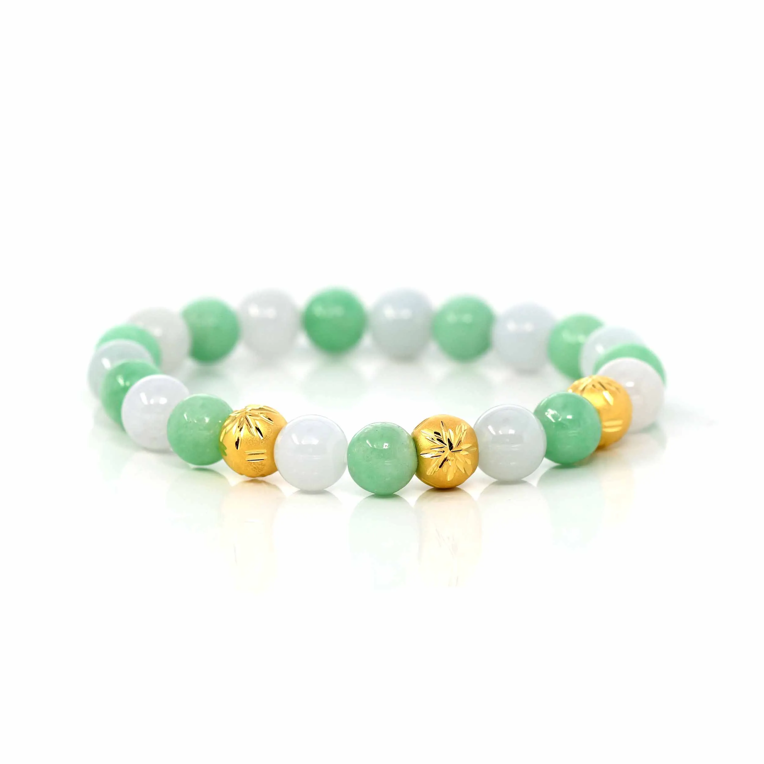 24K Pure Yellow Gold Star Beads With Genuine Green Jade Round Beads Bracelet ( 9 mm )