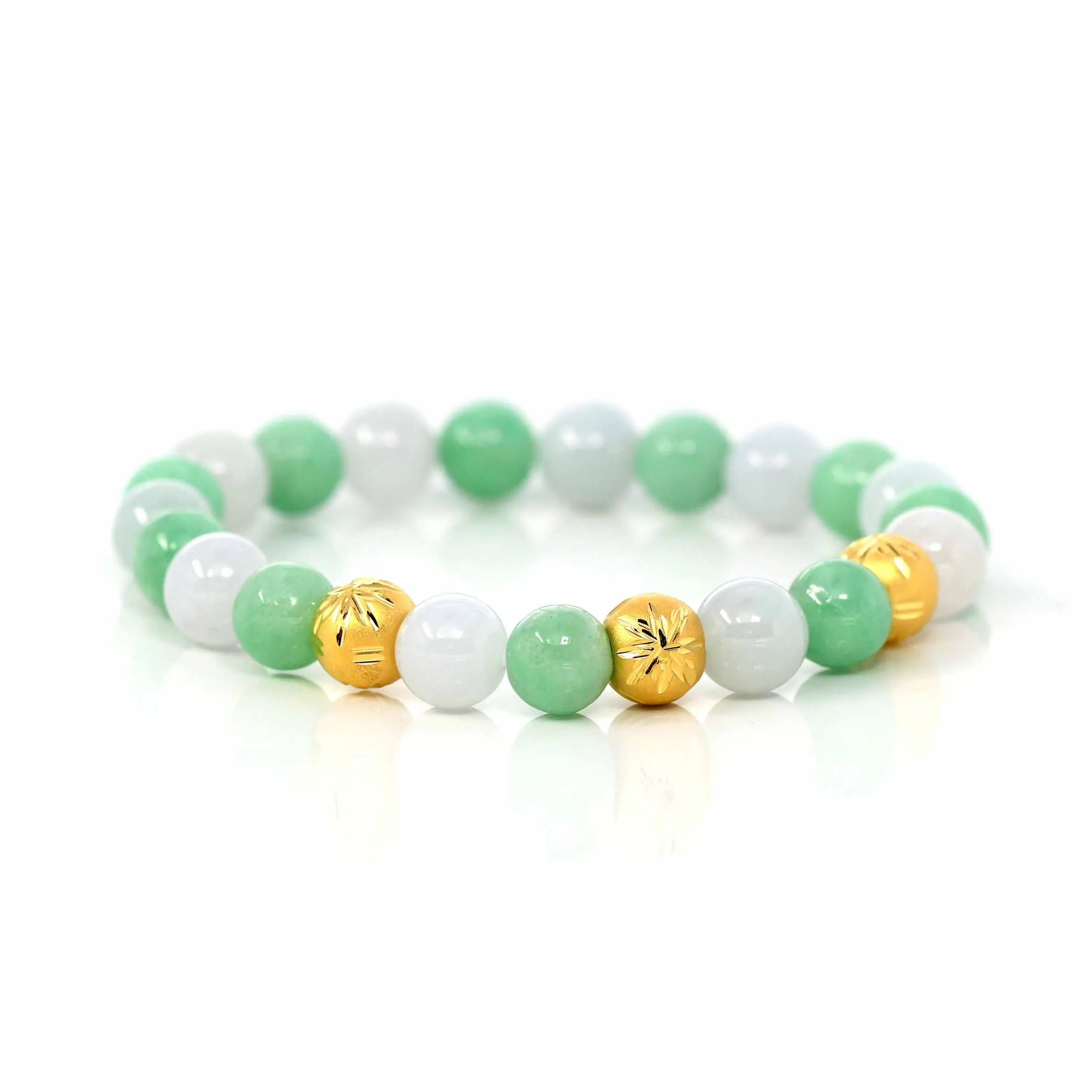 24K Pure Yellow Gold Star Beads With Genuine Green Jade Round Beads Bracelet ( 9 mm )