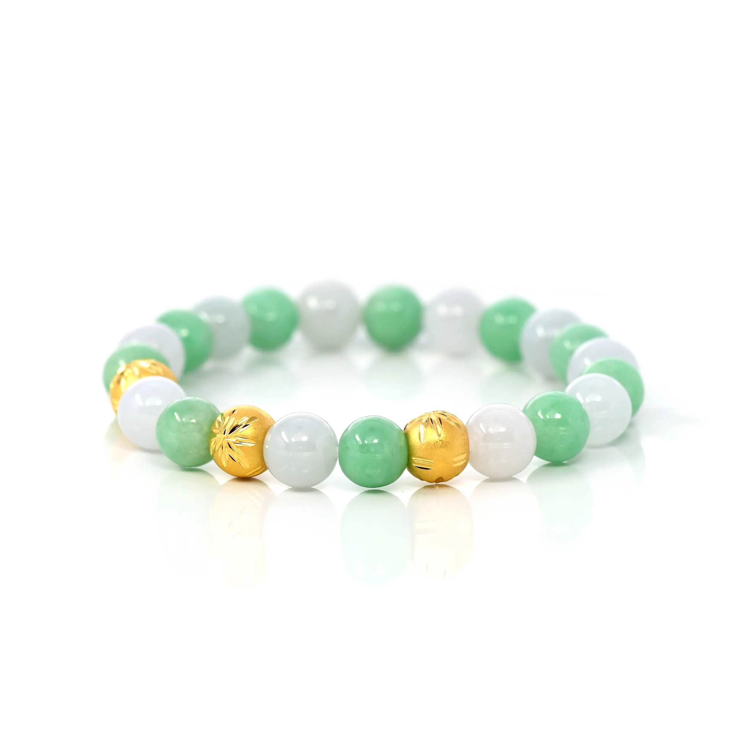 24K Pure Yellow Gold Star Beads With Genuine Green Jade Round Beads Bracelet ( 9 mm )