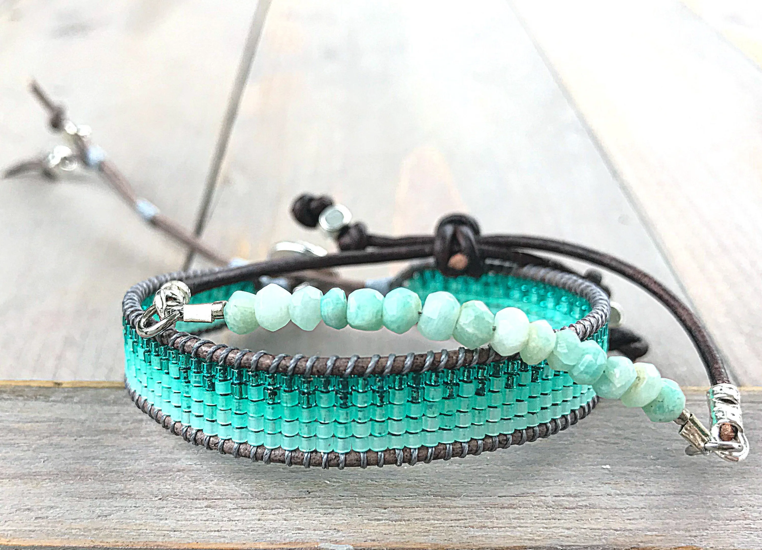 Amazonite and Aqua Ombre Loom Beaded Bracelet Set, chakra bracelet