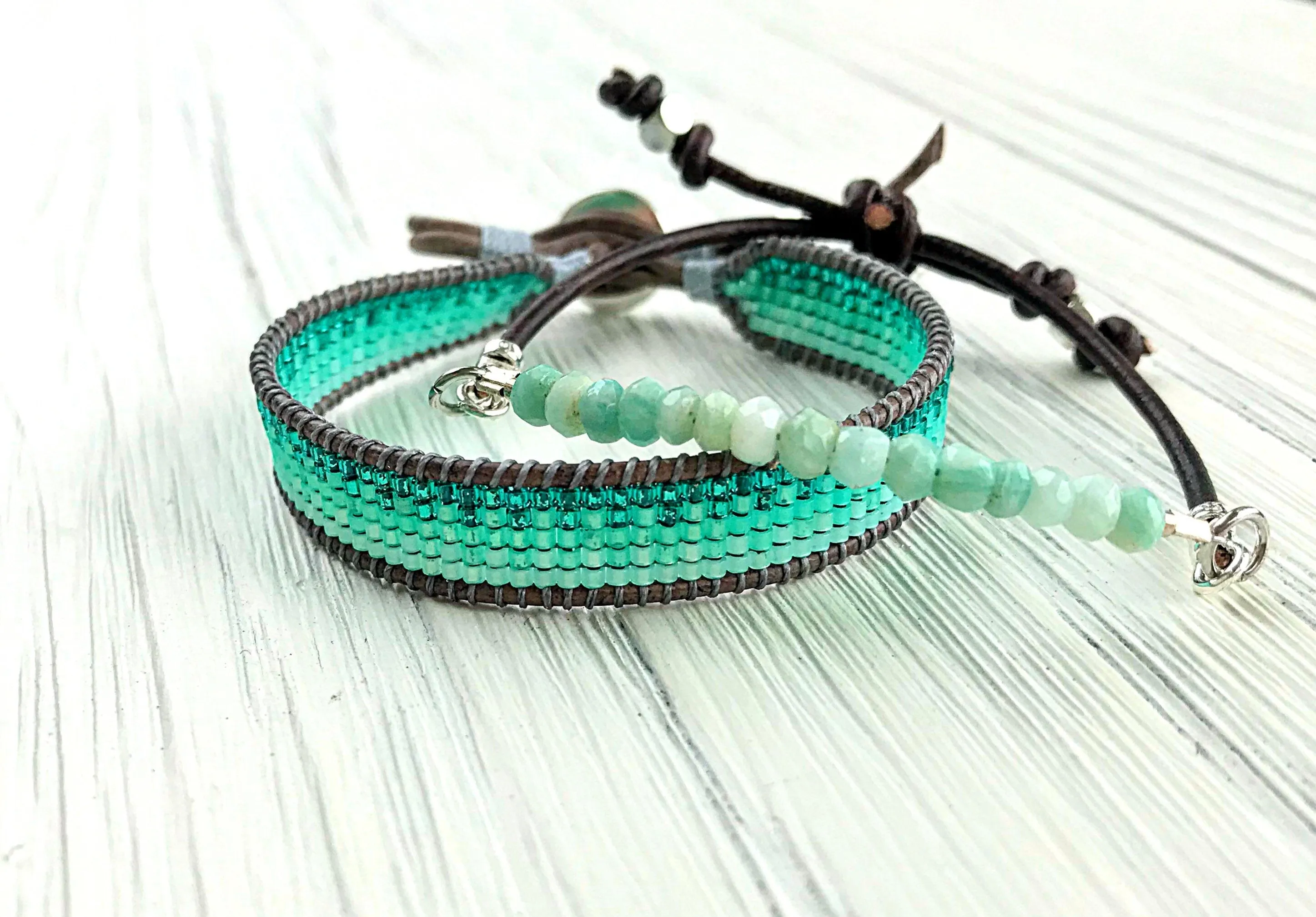 Amazonite and Aqua Ombre Loom Beaded Bracelet Set, chakra bracelet