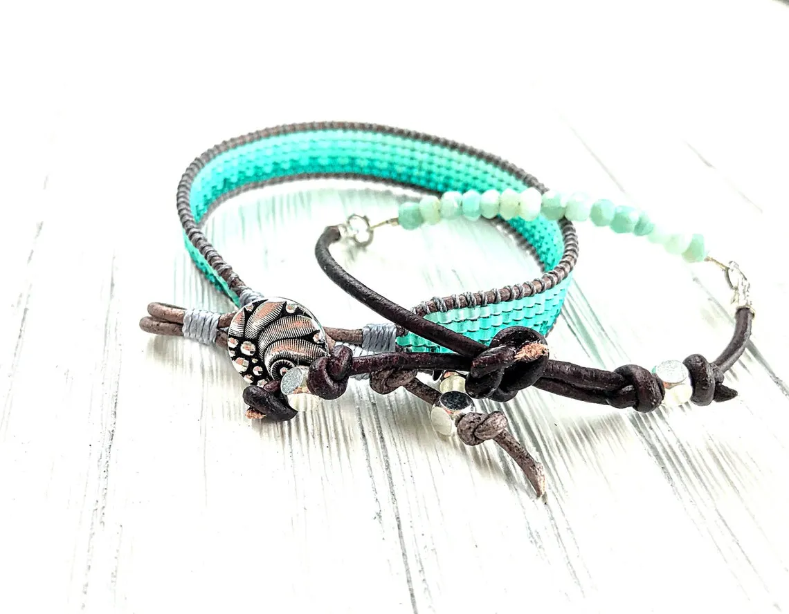 Amazonite and Aqua Ombre Loom Beaded Bracelet Set, chakra bracelet