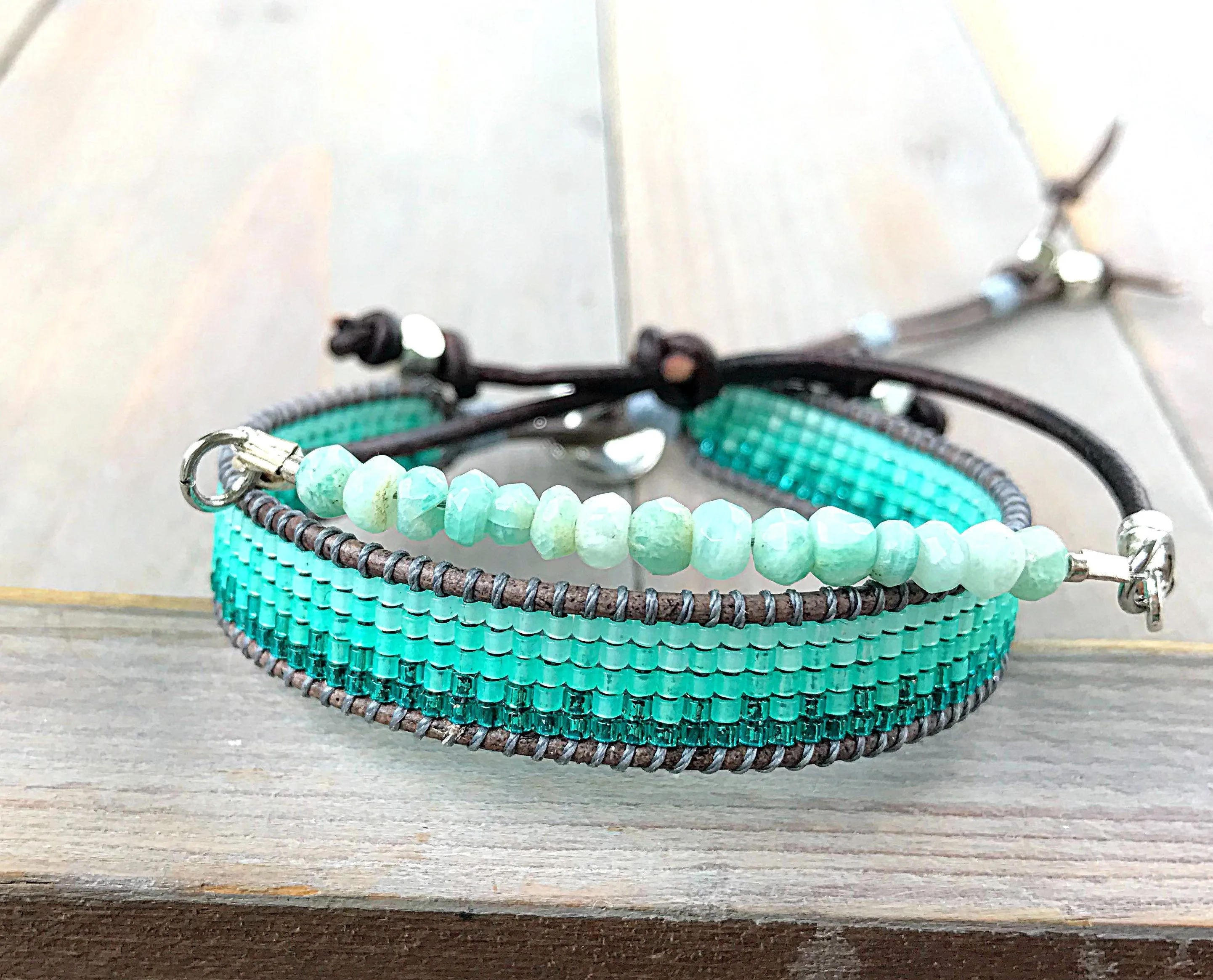 Amazonite and Aqua Ombre Loom Beaded Bracelet Set, chakra bracelet