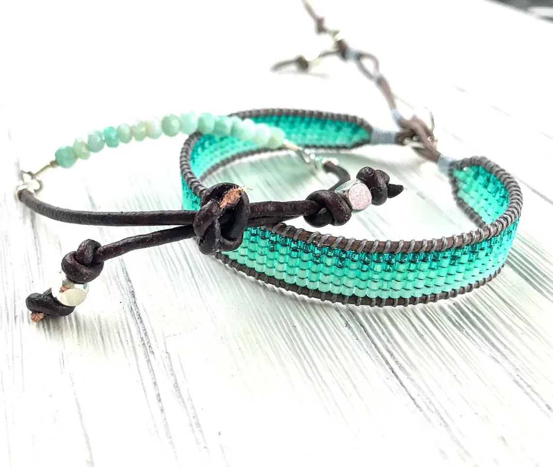 Amazonite and Aqua Ombre Loom Beaded Bracelet Set, chakra bracelet