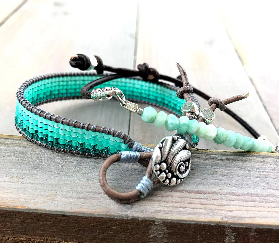 Amazonite and Aqua Ombre Loom Beaded Bracelet Set, chakra bracelet