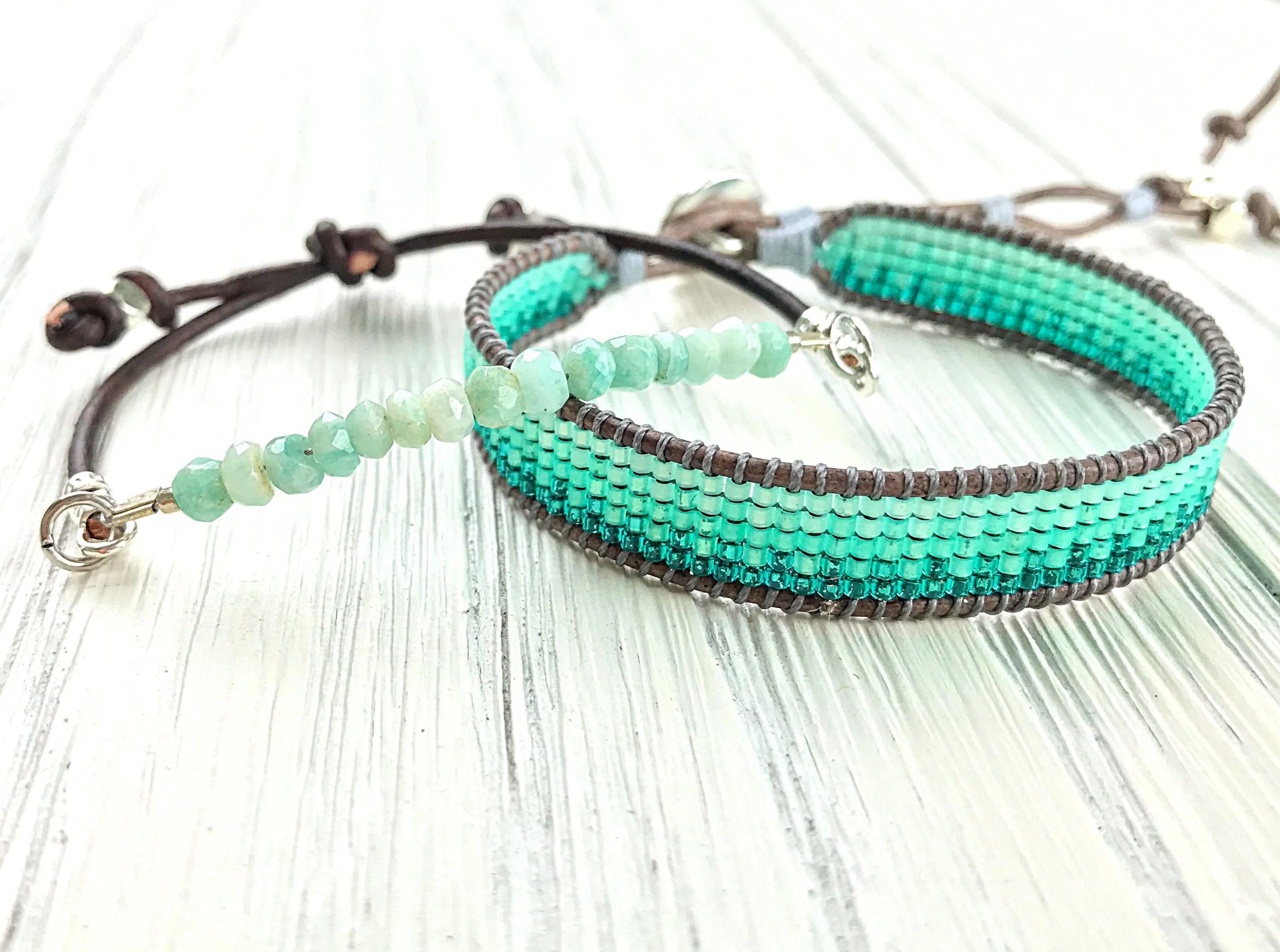 Amazonite and Aqua Ombre Loom Beaded Bracelet Set, chakra bracelet