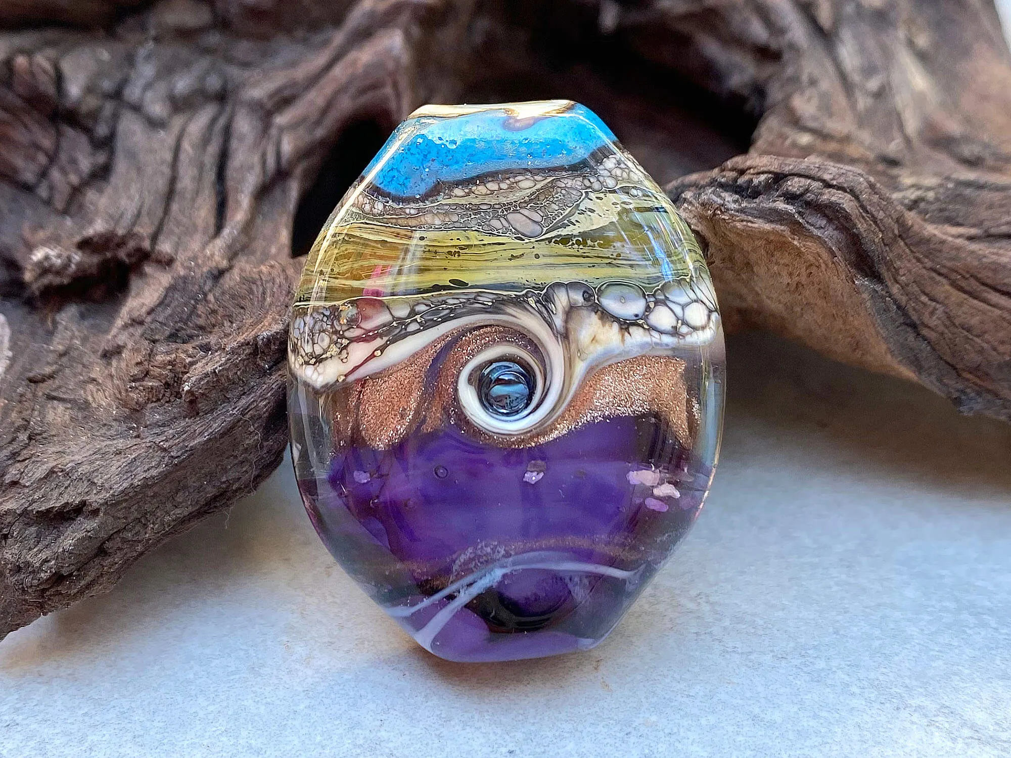 Aqua Blue & Purple Organic Lampwork Focal Bead SRA