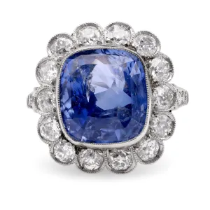 Art Deco Inspired 10.10 Carat Cushion Ceylon Sapphire Diamond Platinum Ring