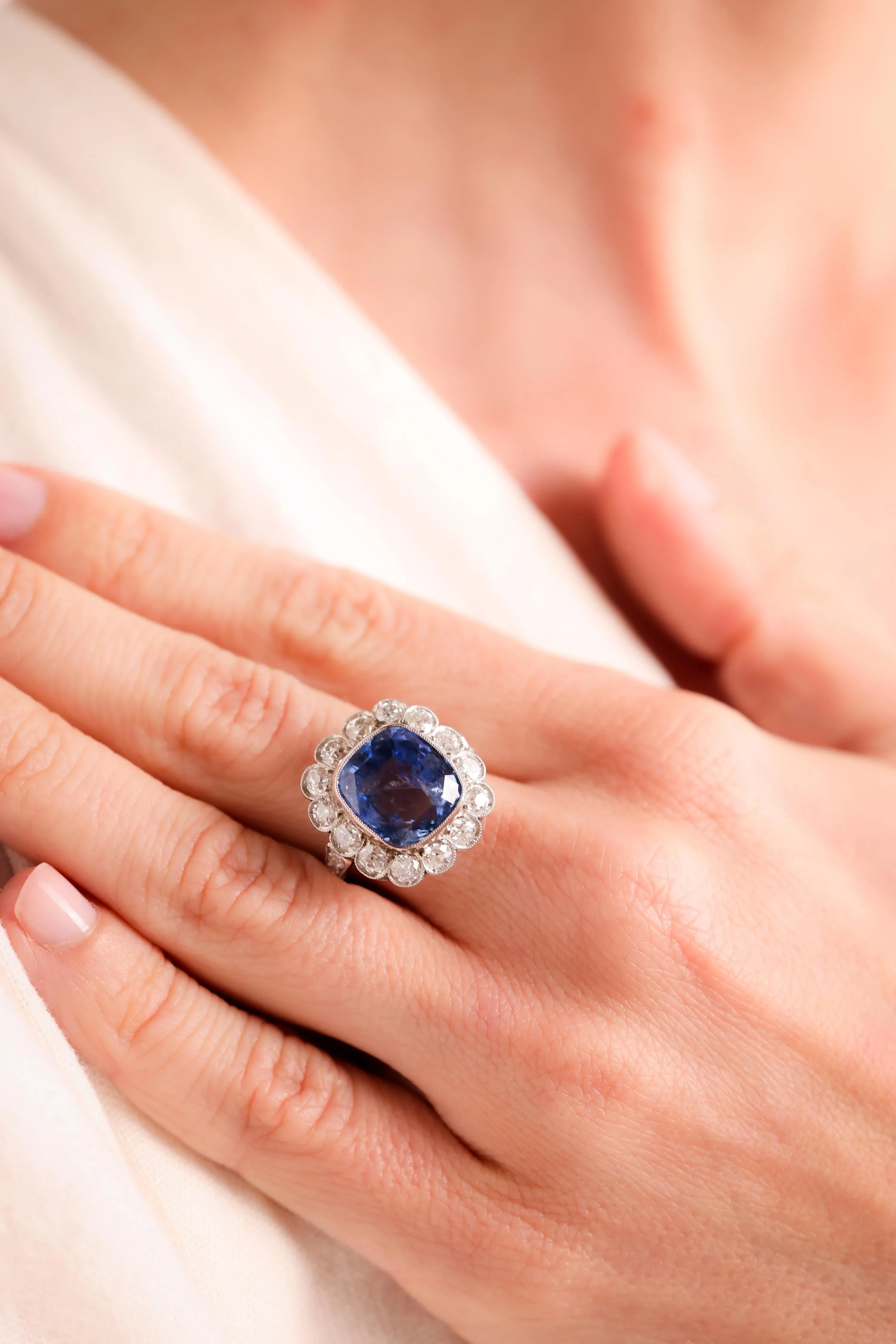 Art Deco Inspired 10.10 Carat Cushion Ceylon Sapphire Diamond Platinum Ring