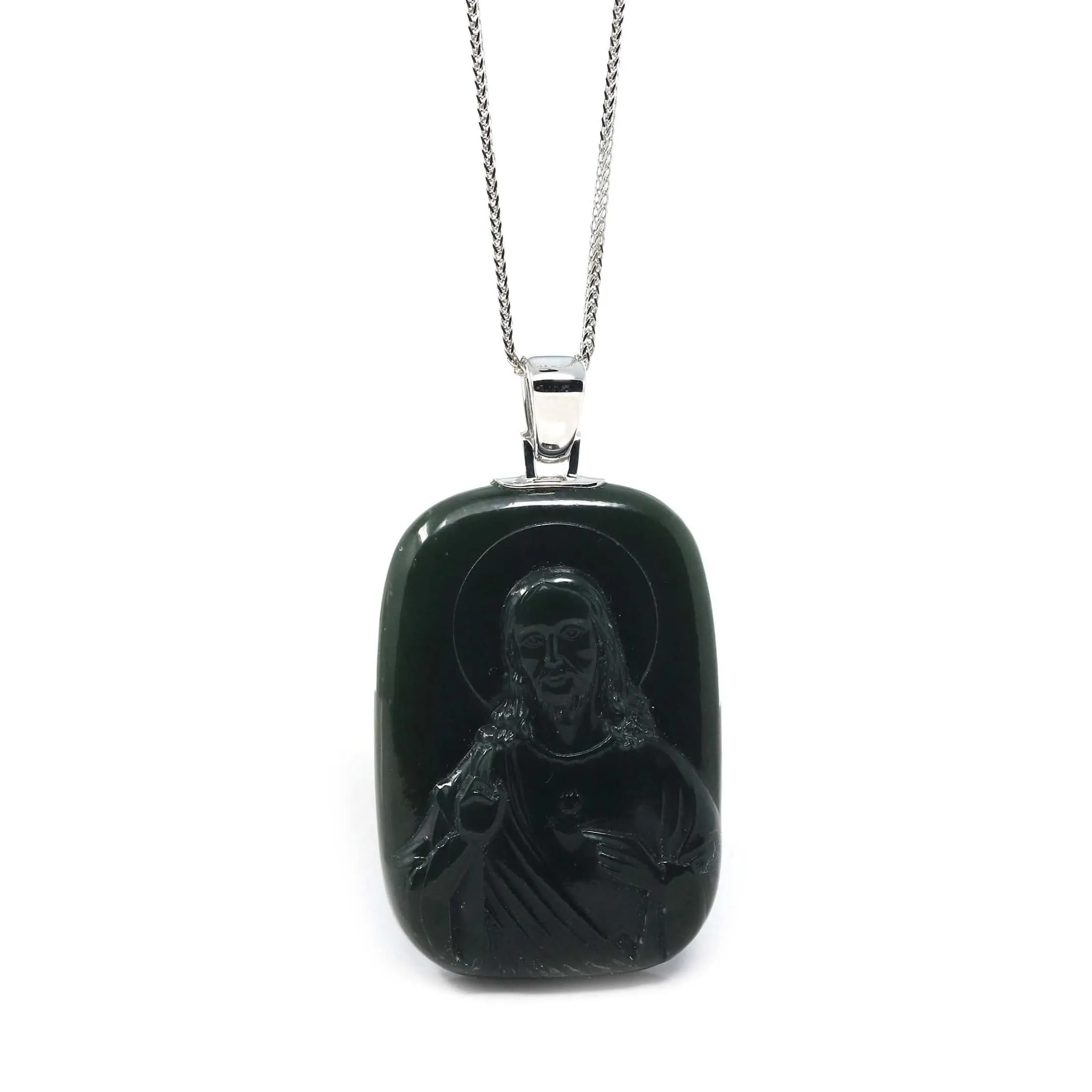 Baikalla™ 14K Yellow Gold Genuine Nephrite Black Jade Jesus Pendant Necklace