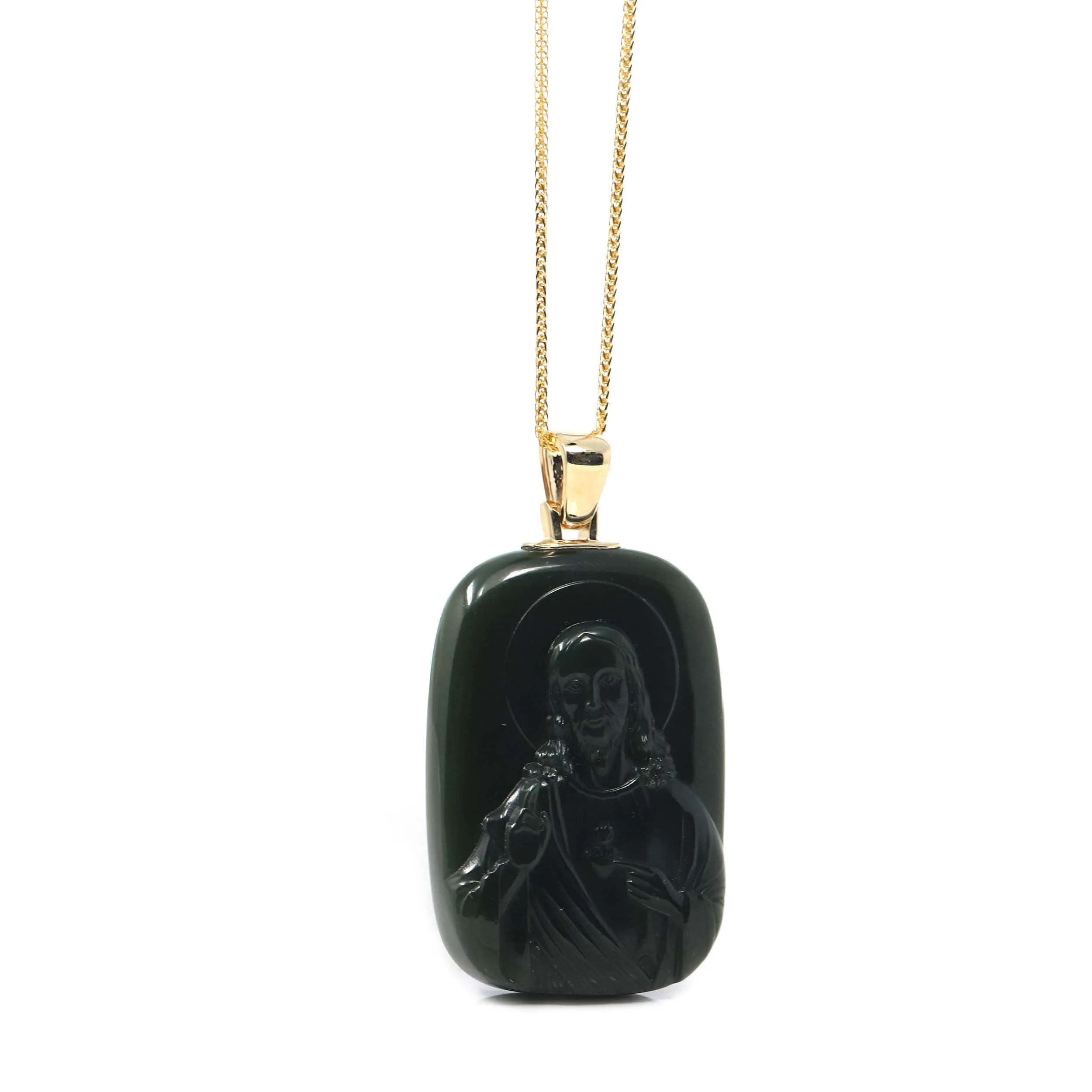 Baikalla™ 14K Yellow Gold Genuine Nephrite Black Jade Jesus Pendant Necklace