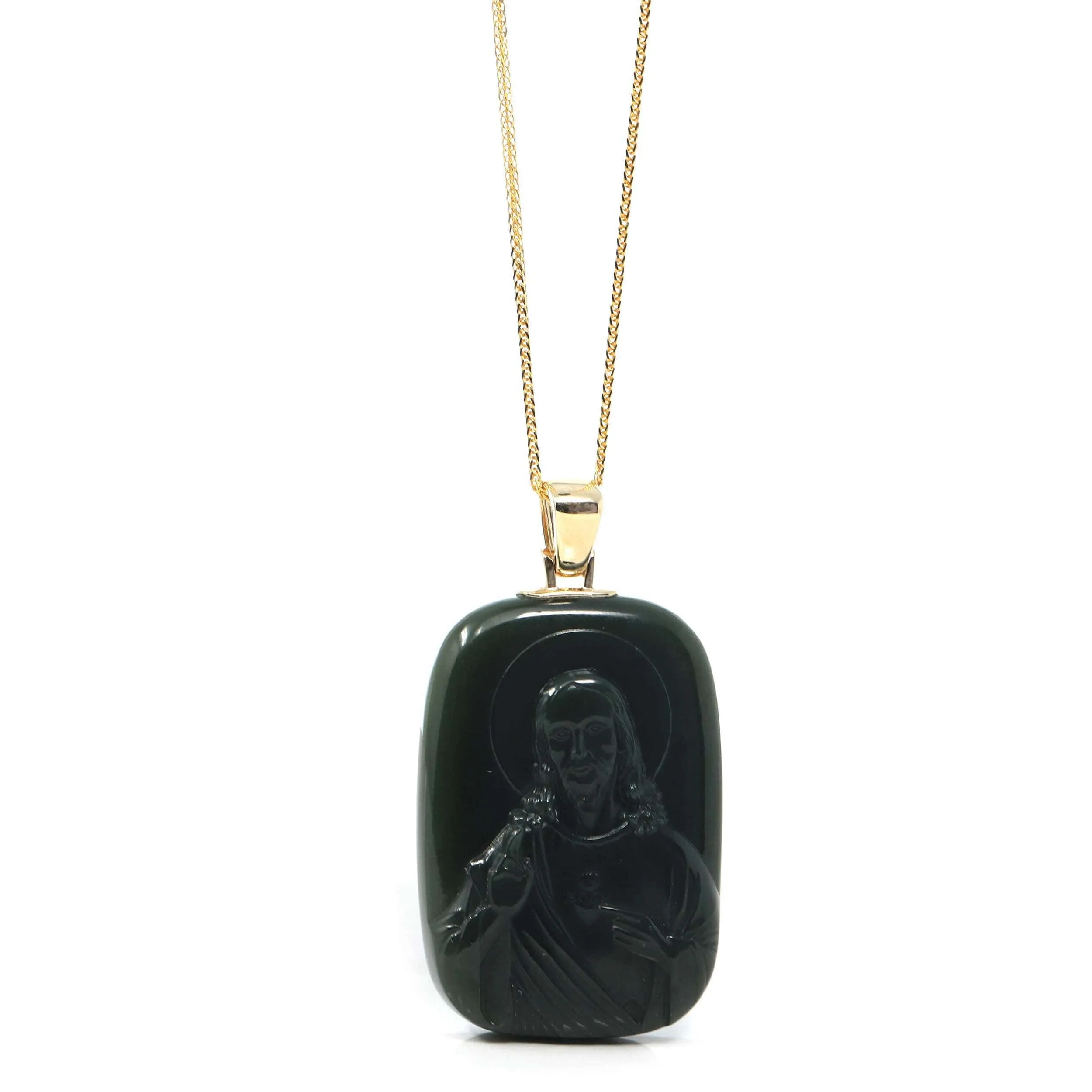 Baikalla™ 14K Yellow Gold Genuine Nephrite Black Jade Jesus Pendant Necklace