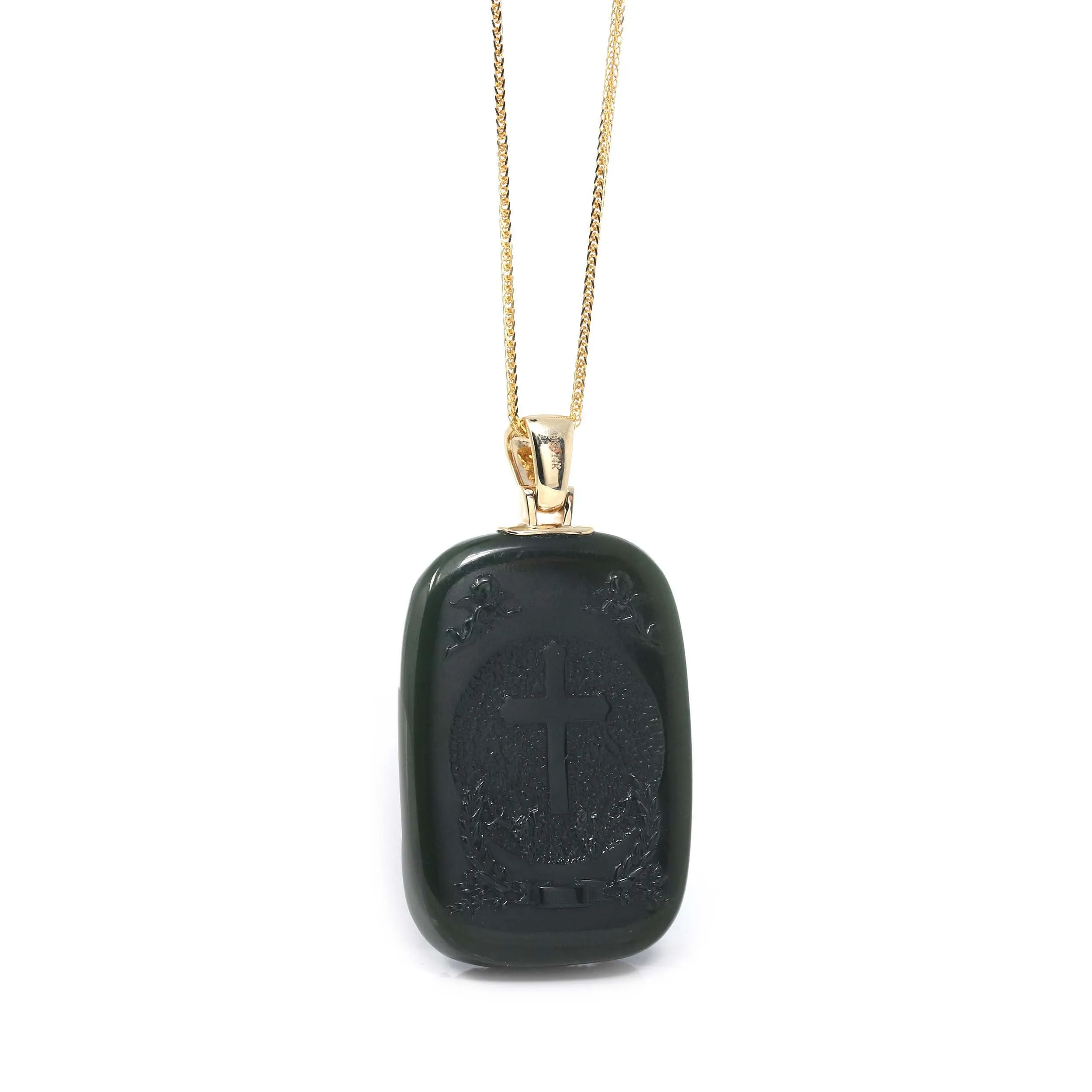 Baikalla™ 14K Yellow Gold Genuine Nephrite Black Jade Jesus Pendant Necklace