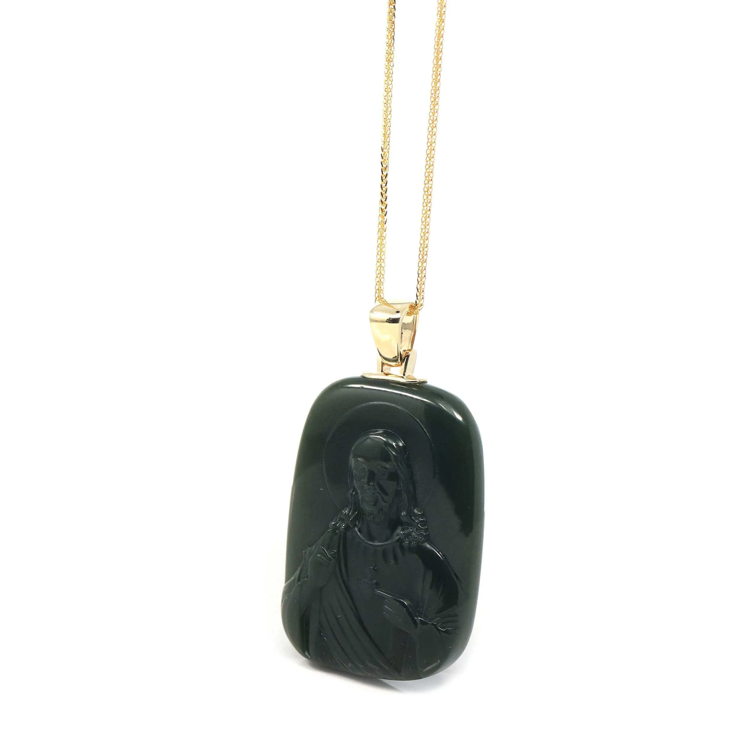 Baikalla™ 14K Yellow Gold Genuine Nephrite Black Jade Jesus Pendant Necklace