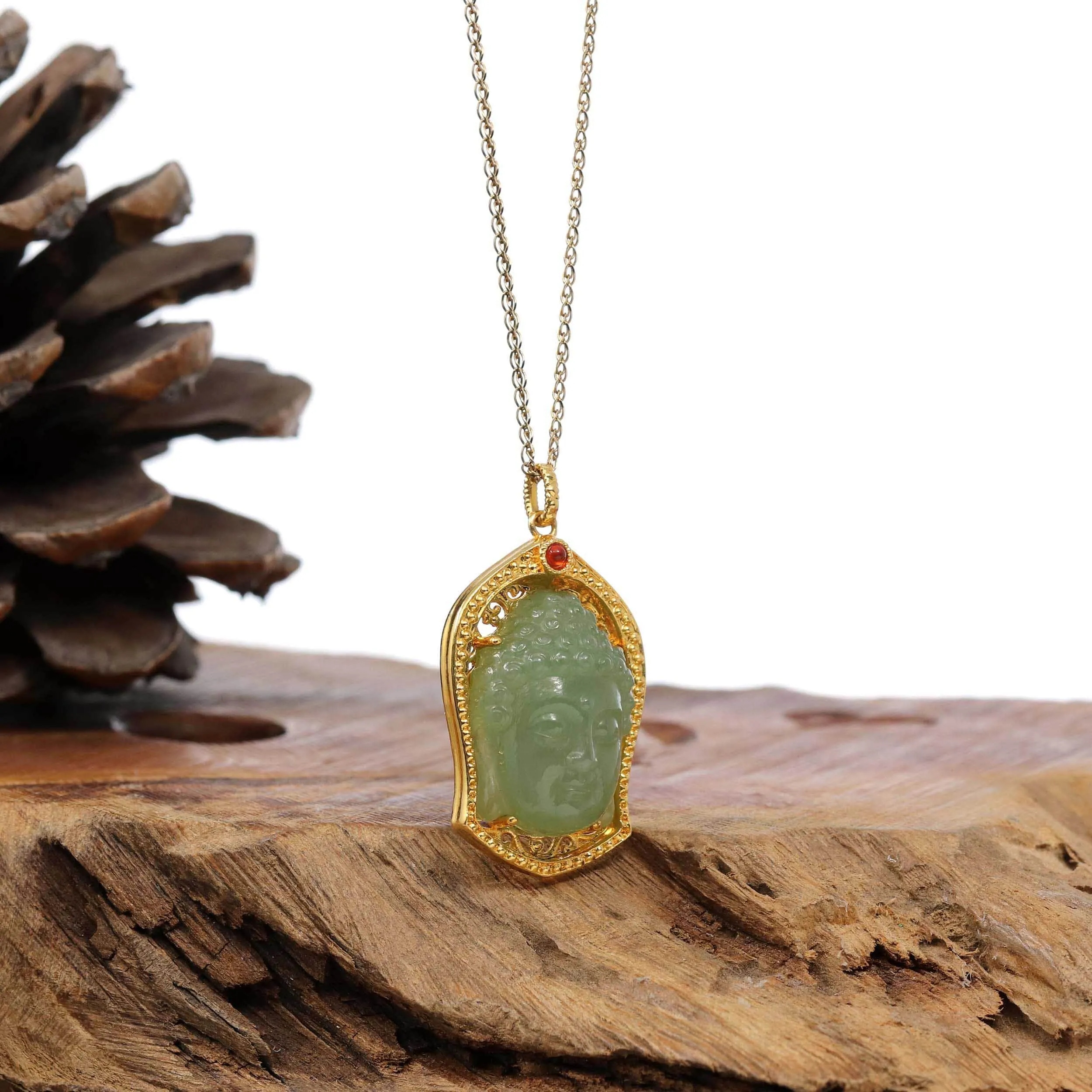 Baikalla™ 24K Yellow Gold Genuine Nephrite Green Jade GuanYin Pendant Necklace