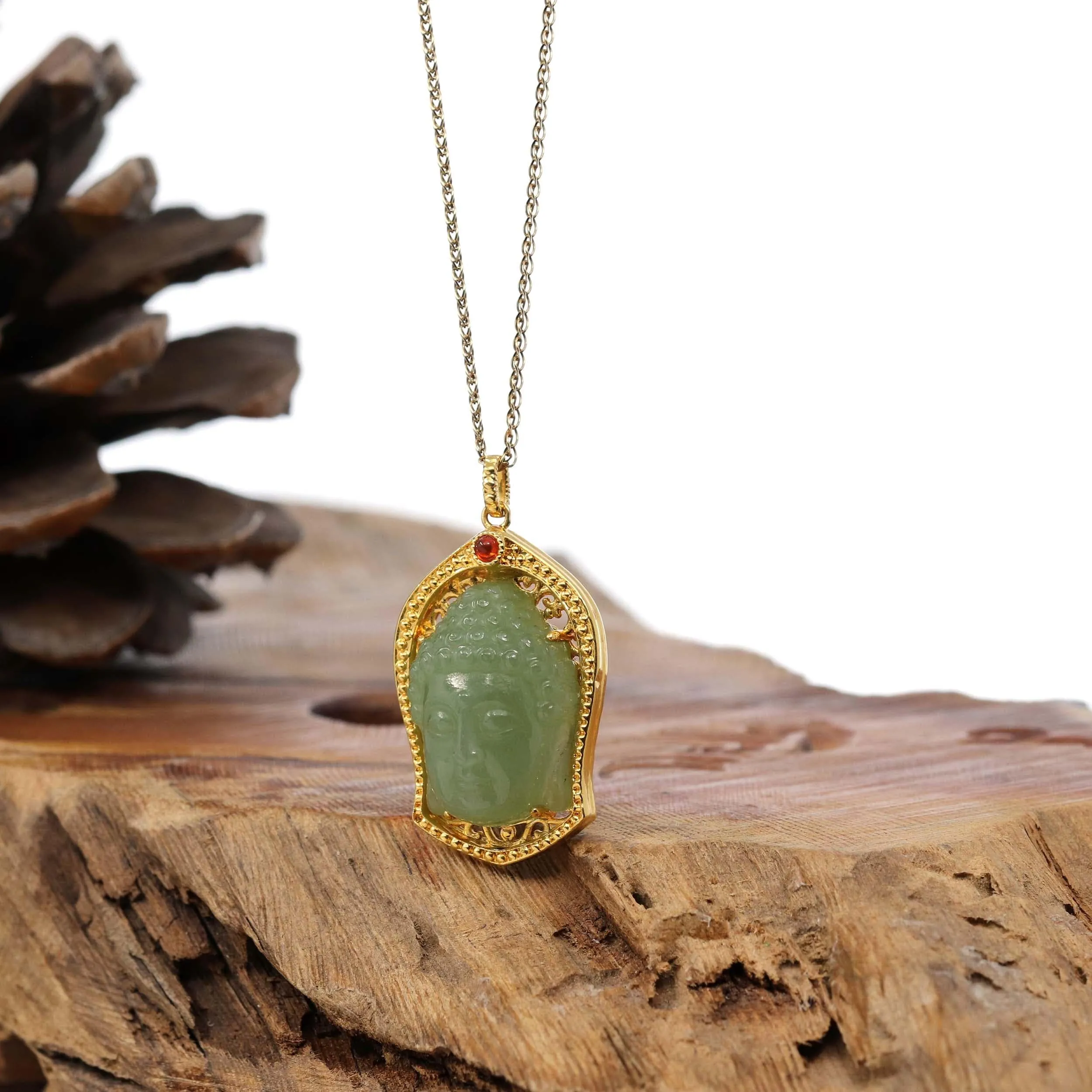 Baikalla™ 24K Yellow Gold Genuine Nephrite Green Jade GuanYin Pendant Necklace