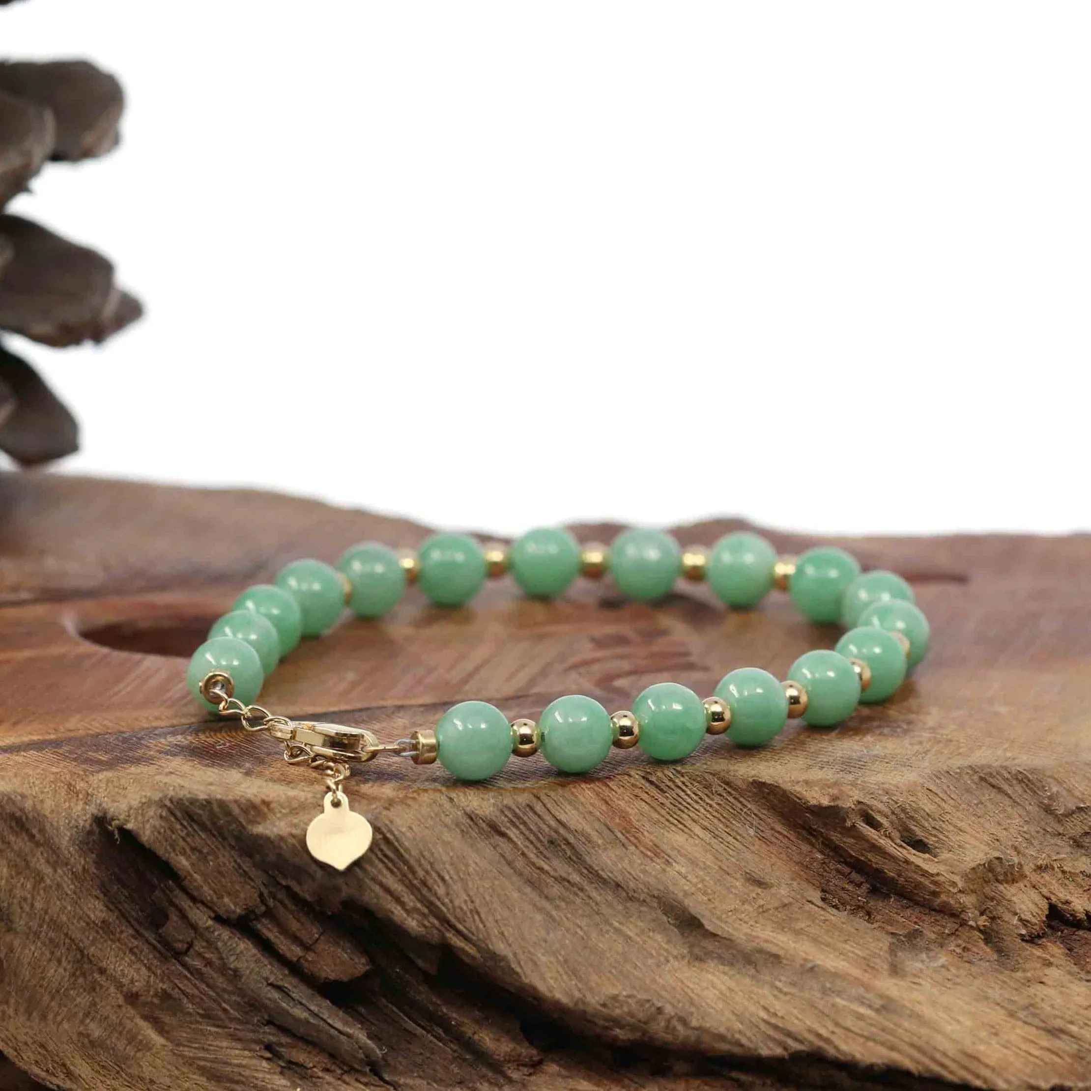 Baikalla Genuine Green Jadeite Jade Round Beads Bracelet With 18K Yellow Gold Clasp and Gold Beads ( 6 mm )