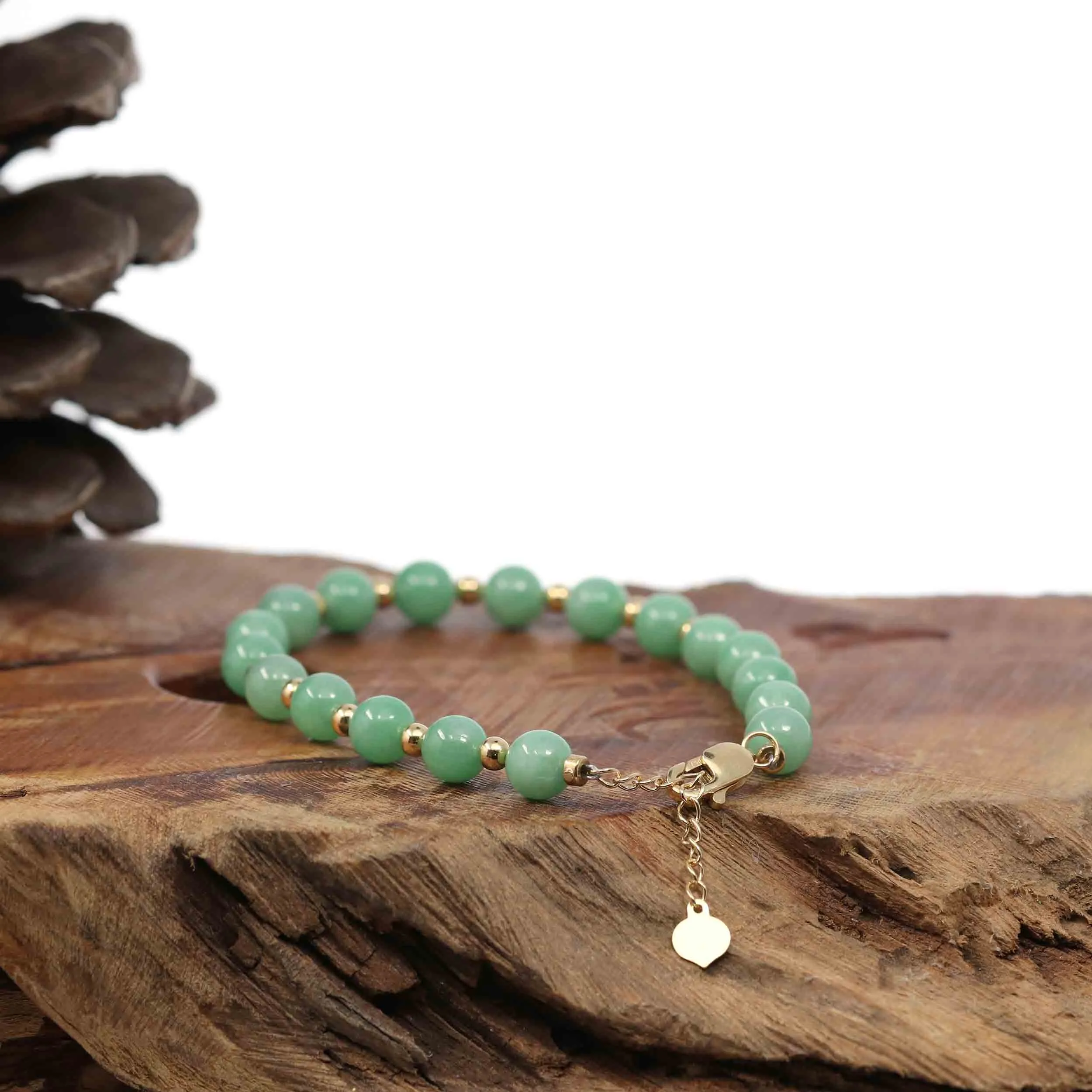 Baikalla Genuine Green Jadeite Jade Round Beads Bracelet With 18K Yellow Gold Clasp and Gold Beads ( 6 mm )