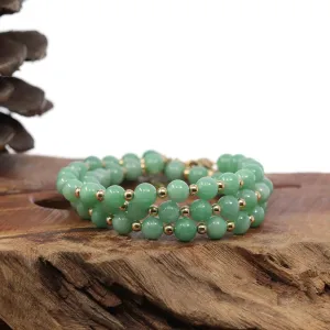 Baikalla Genuine Green Jadeite Jade Round Beads Bracelet With 18K Yellow Gold Clasp and Gold Beads ( 6 mm )