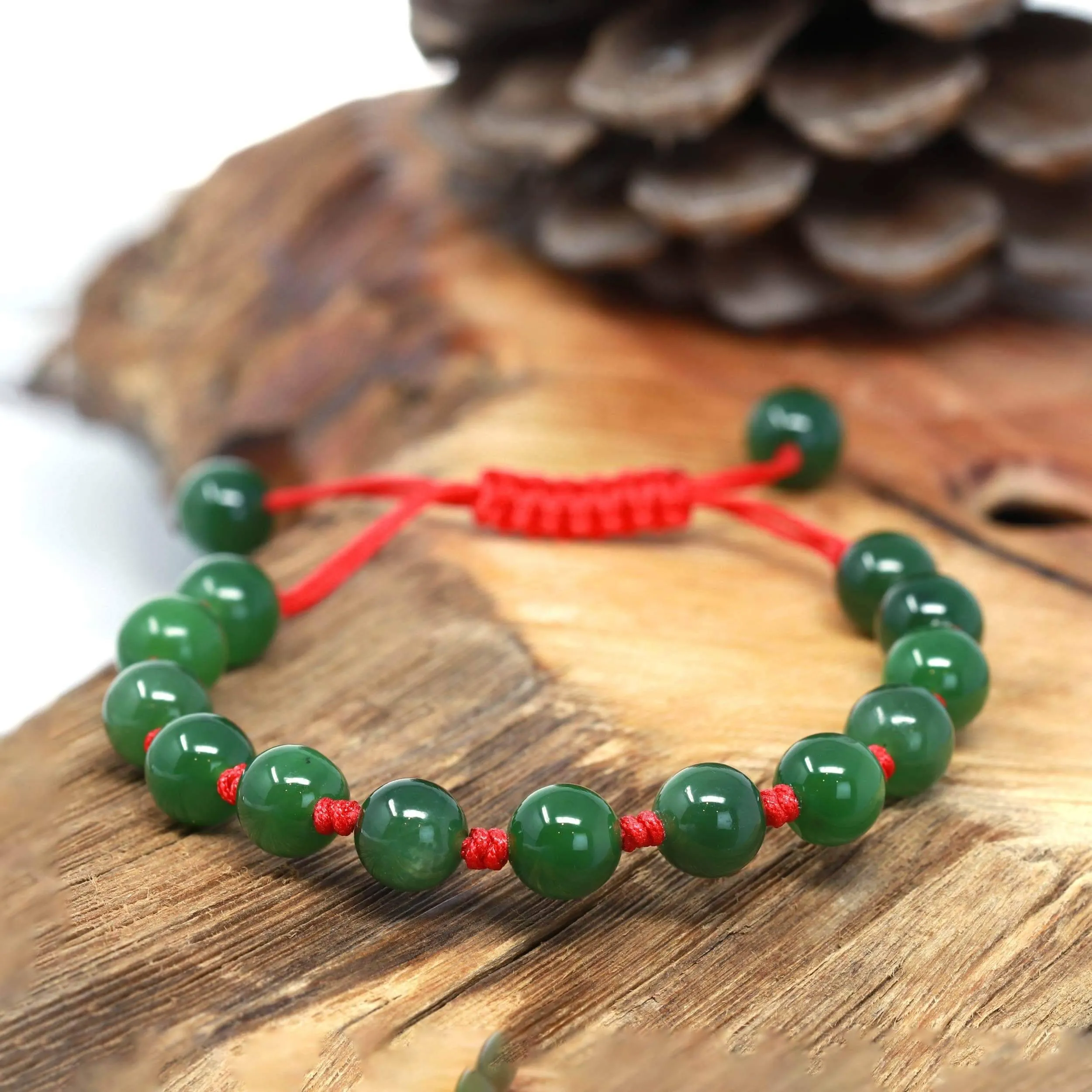 Baikalla Natural Nephrite Jade Bead Bracelet With Red String For Kids, Mom, Him.