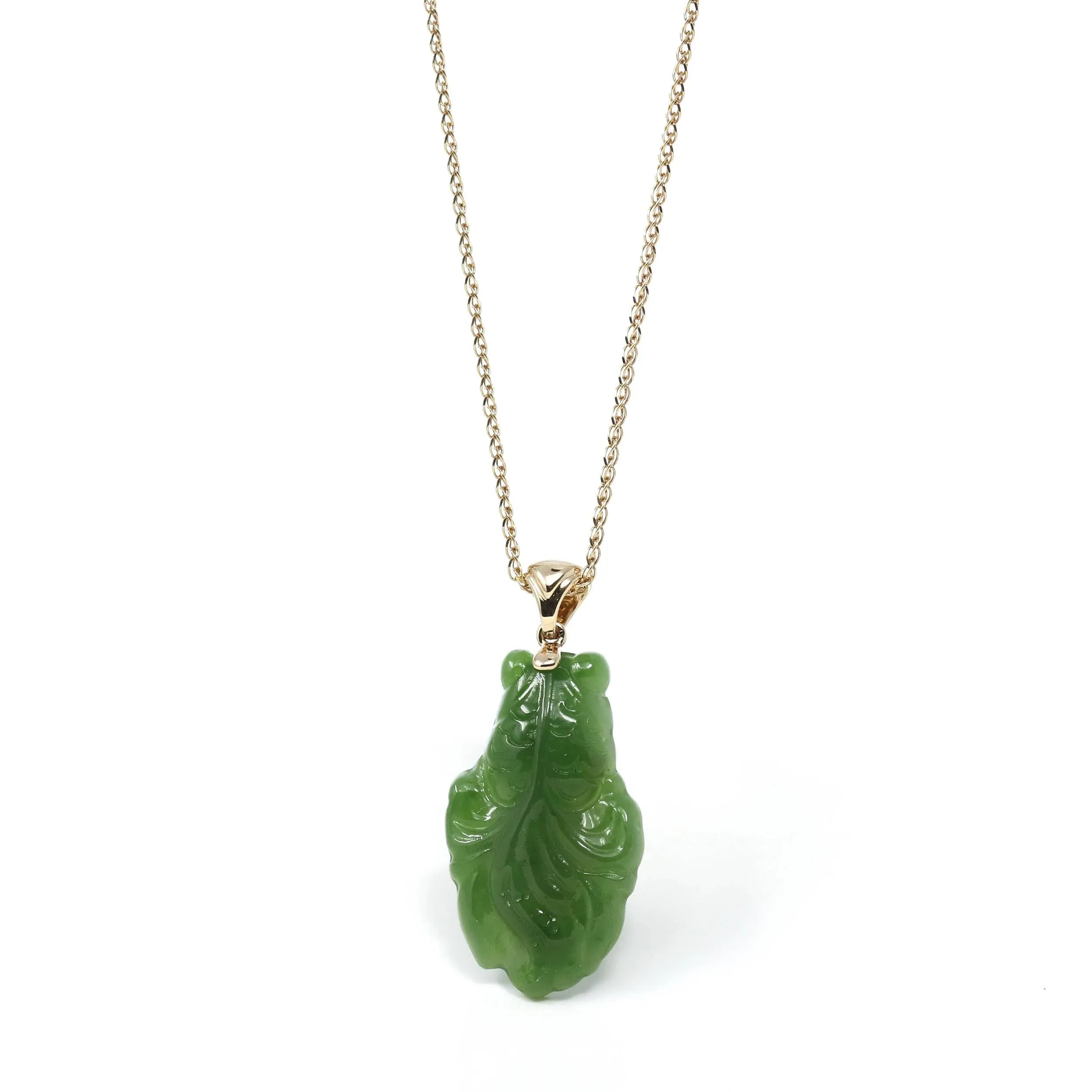 Baikalla™ : " Gold Fish " 14k Yellow Gold Genuine Nephrite Green Jade Pendant Necklace